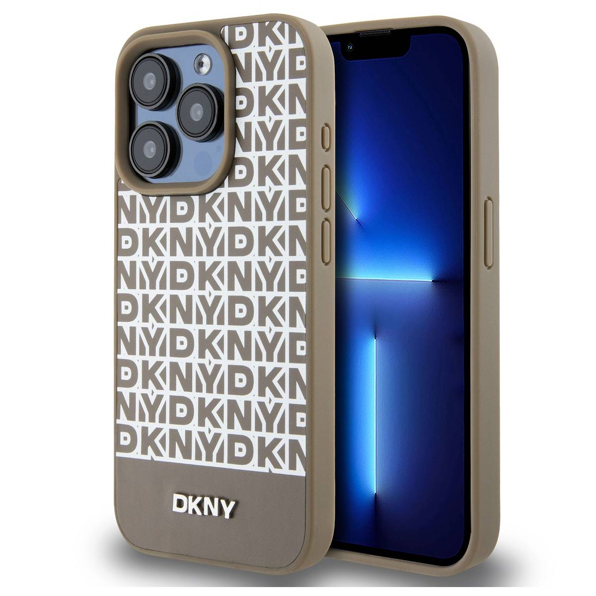 Telefono in una custodia con logo DKNY. La custodia ha una combinazione di colori marrone e bianco.