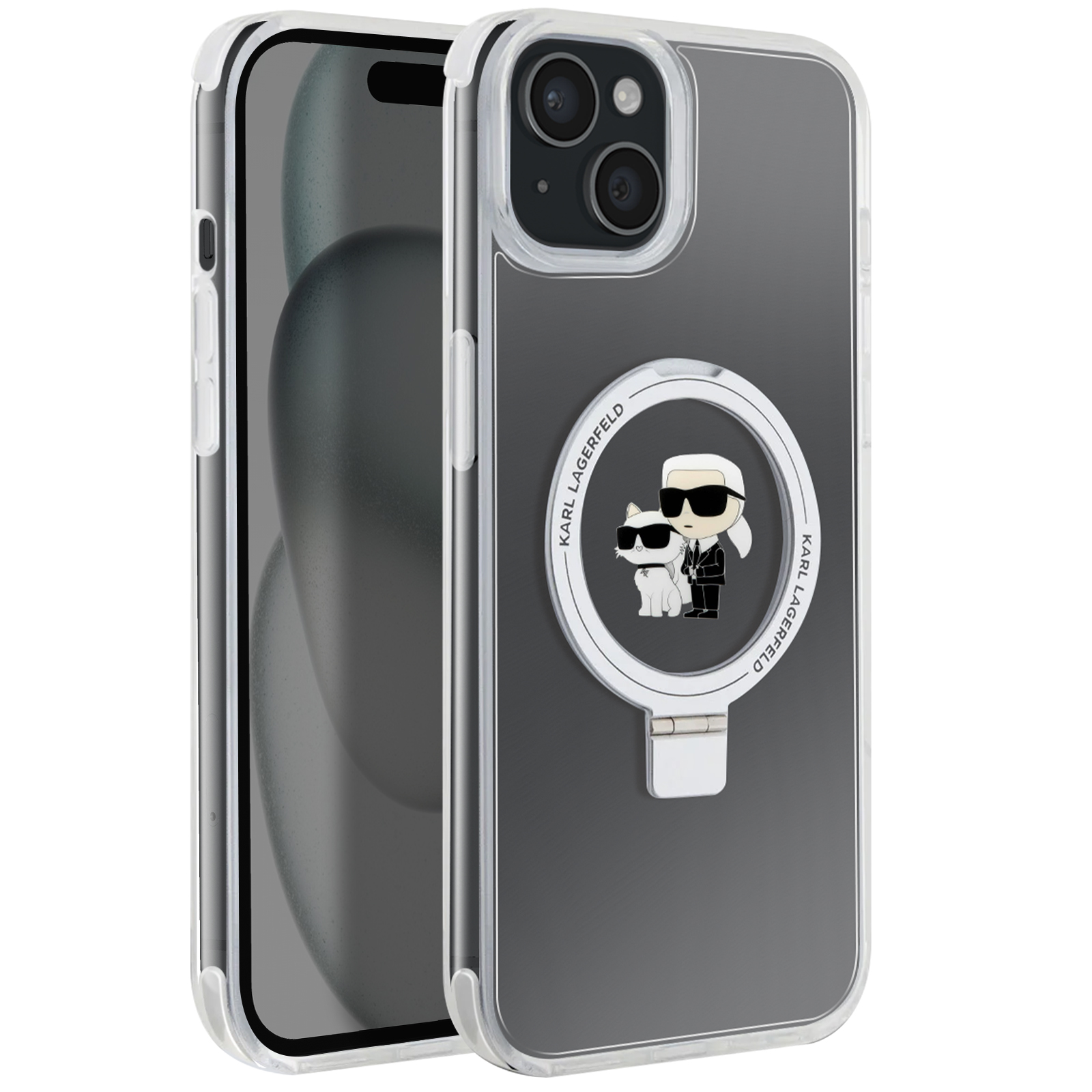 Custodia trasparente con design Karl Lagerfeld. Cartone di Karl e gatto.