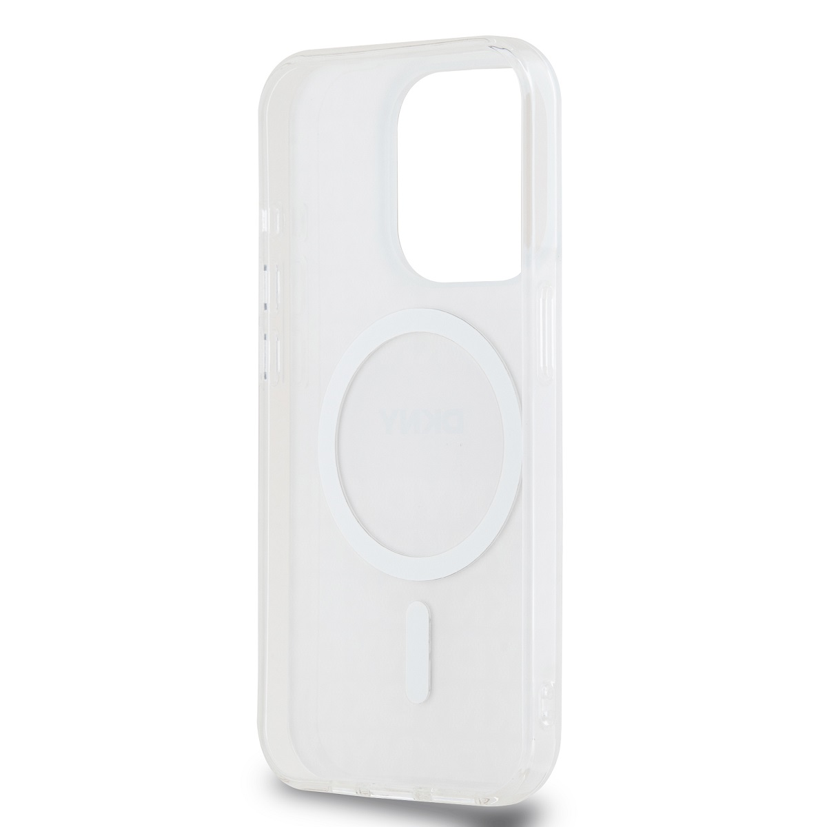Custodia trasparente con telefono. Con cornice e logo bianchi.