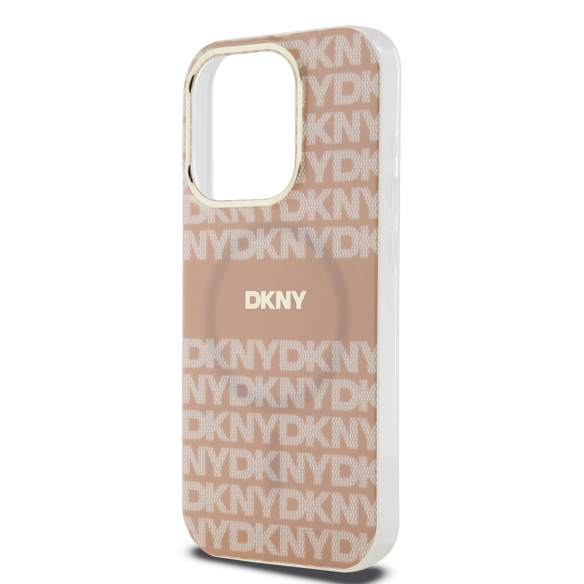 Custodia per telefono con logo DKNY al centro. DKNY bianco ripetuto sulla custodia.