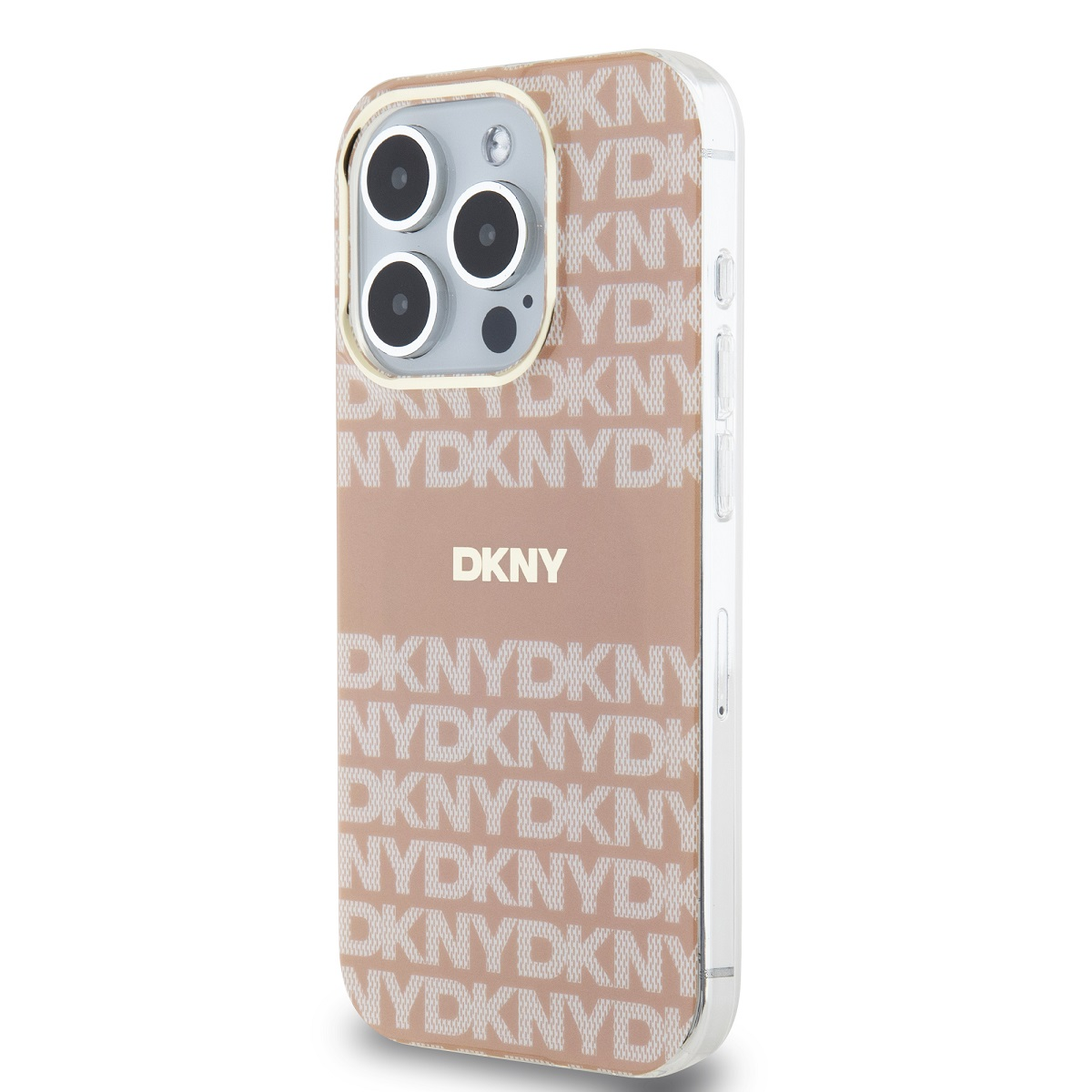 Custodia iPhone con logo DKNY. Sfondo chiaro con motivo DKNY. Custodia trasparente.