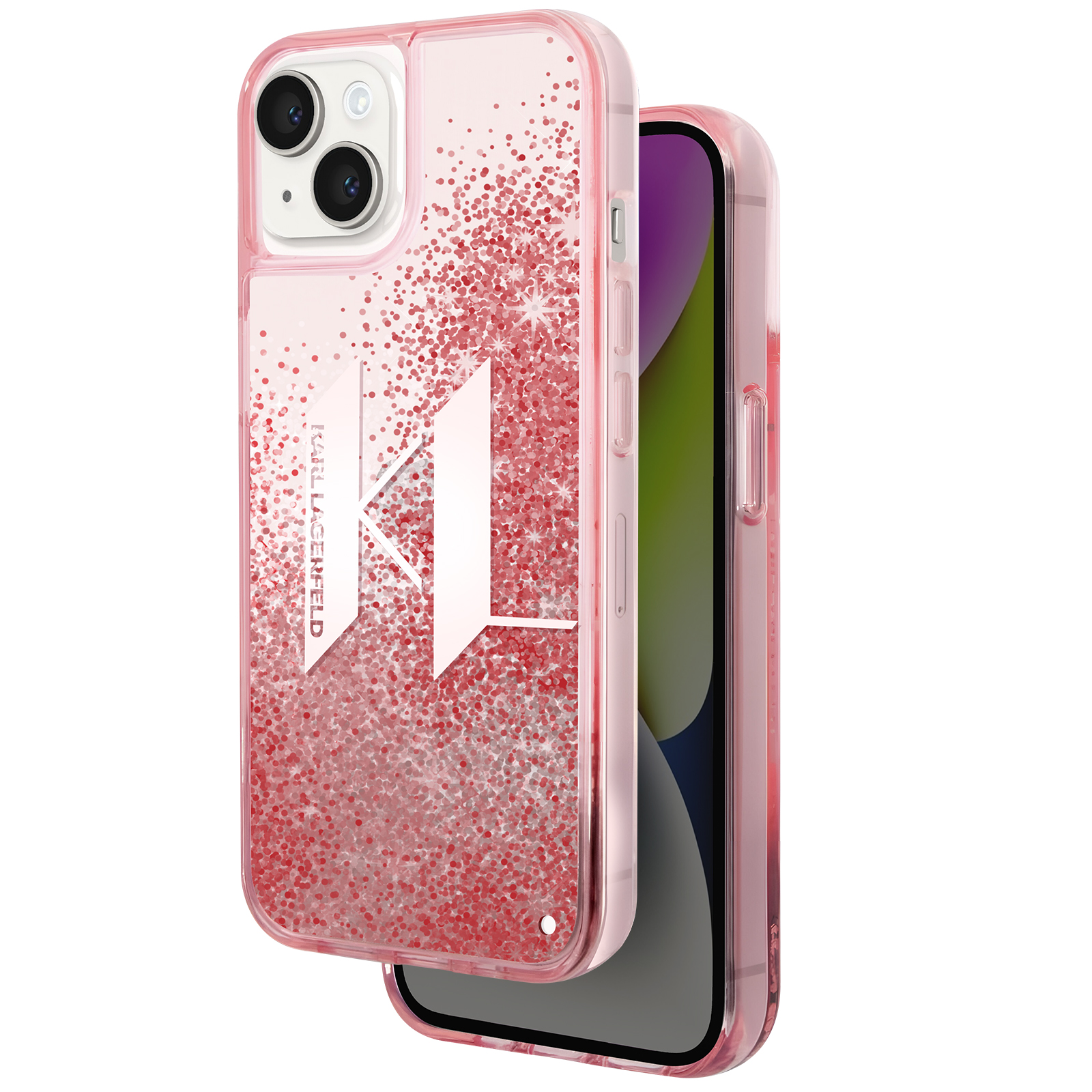 Custodia rosa glitterata con telefono dentro. Logo Karl Lagerfeld bianco.