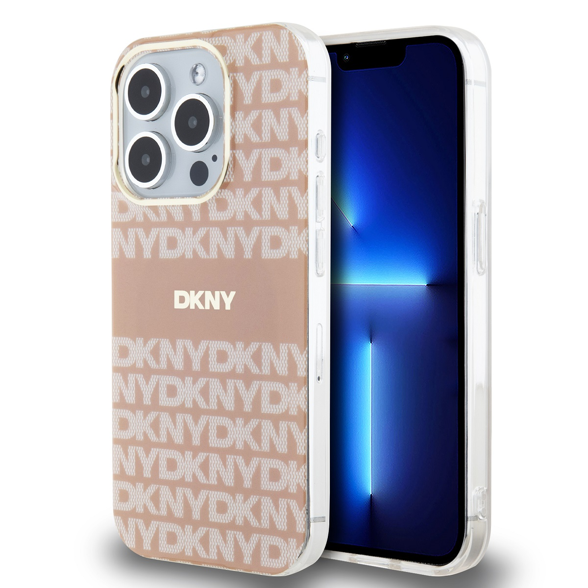 Una custodia per telefono con loghi DKNY beige. Il telefono è dentro. Lo sfondo è bianco.