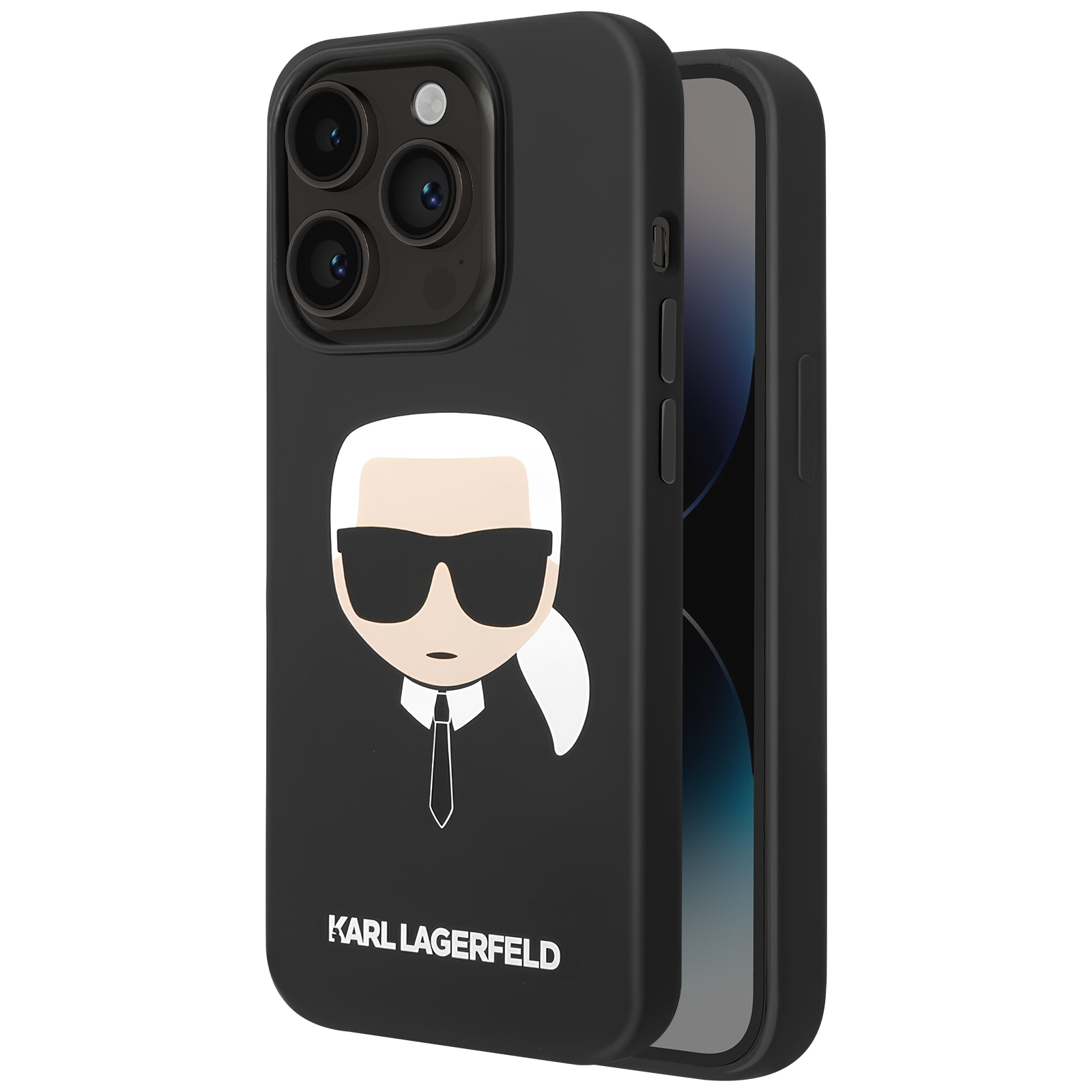 Custodia nera con grafica Karl Lagerfeld. La grafica mostra il suo volto con occhiali da sole.
