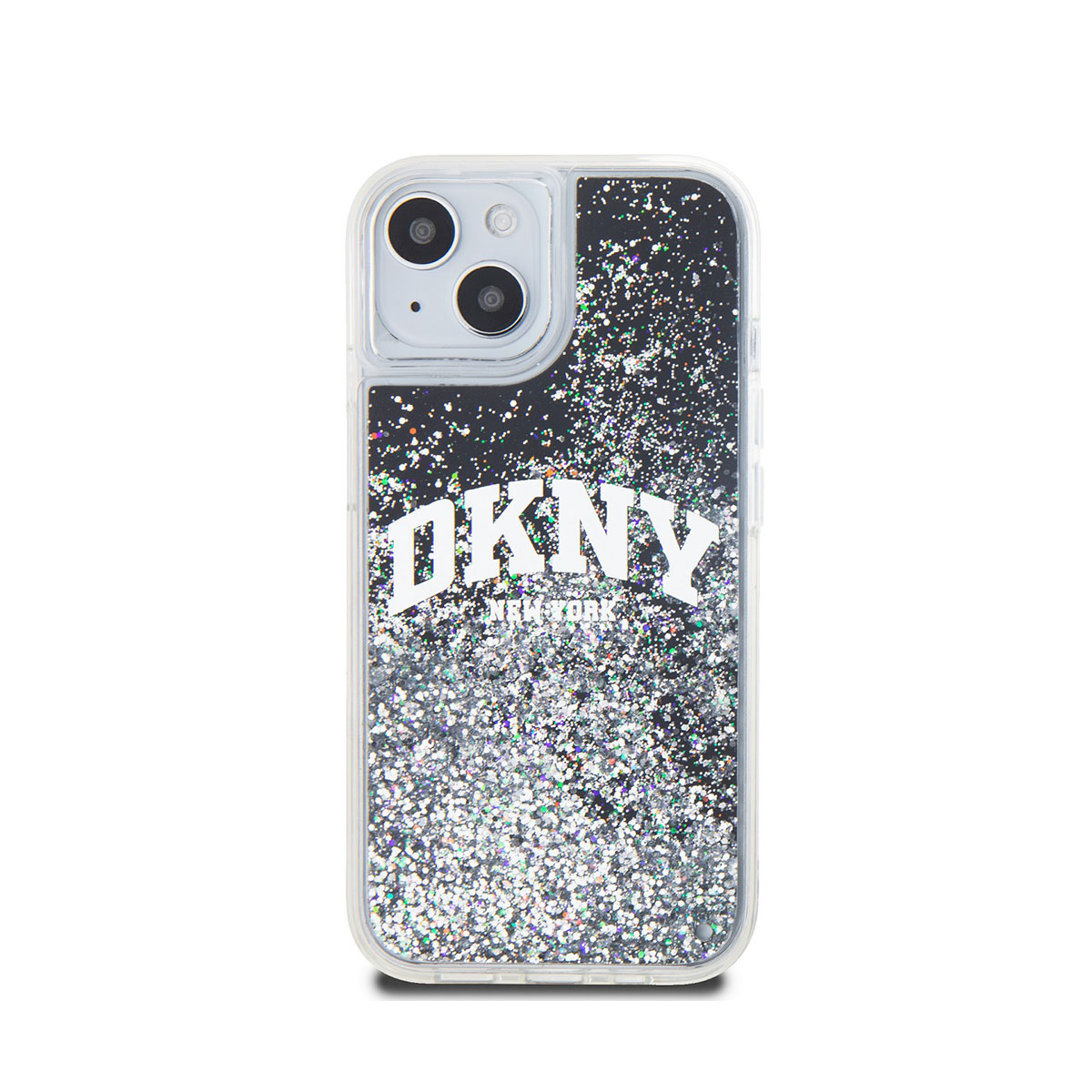 Custodia DKNY con glitter argento e logo DKNY bianco al centro.