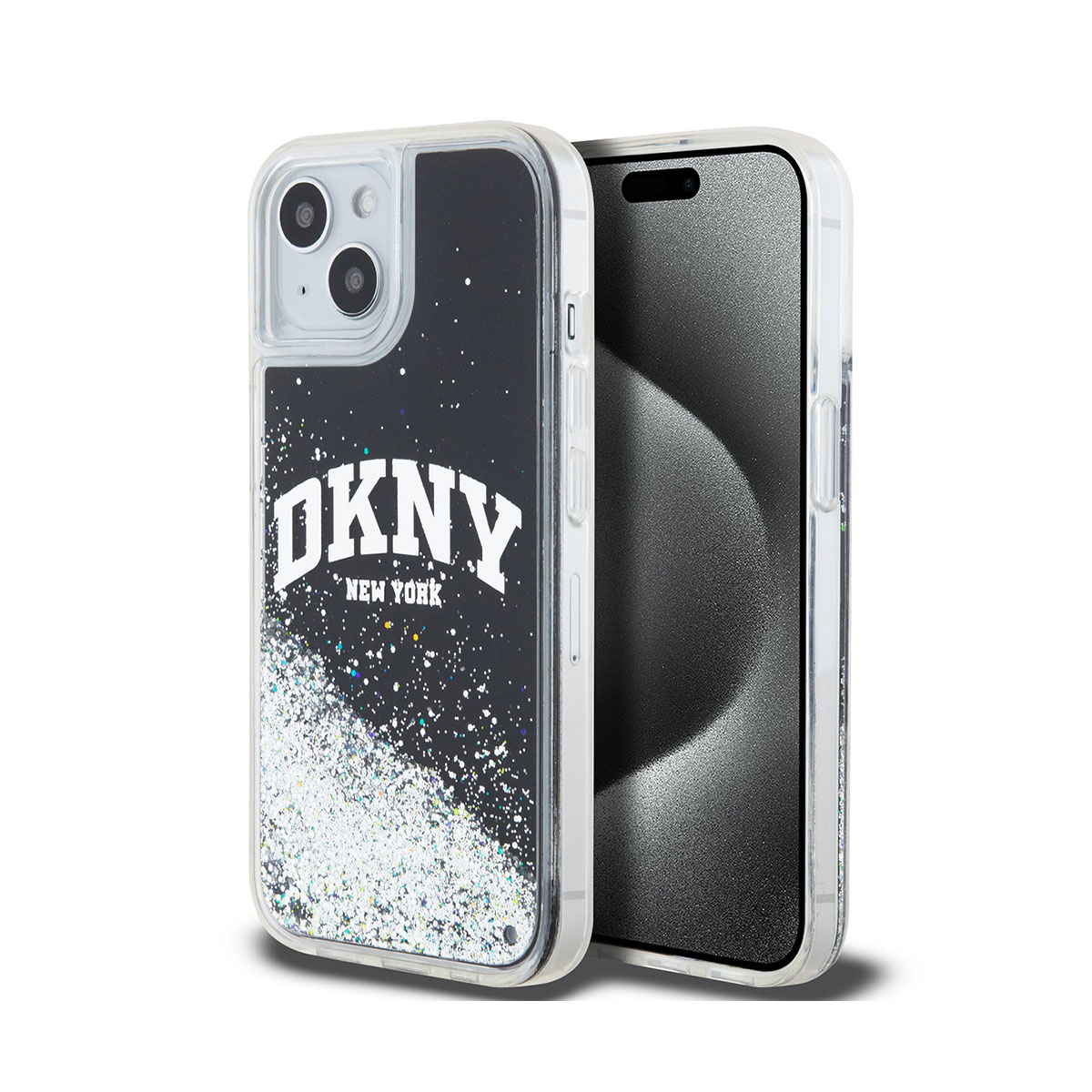 Custodia trasparente con logo DKNY e glitter. Schermo del telefono visibile. Sfondo bianco.