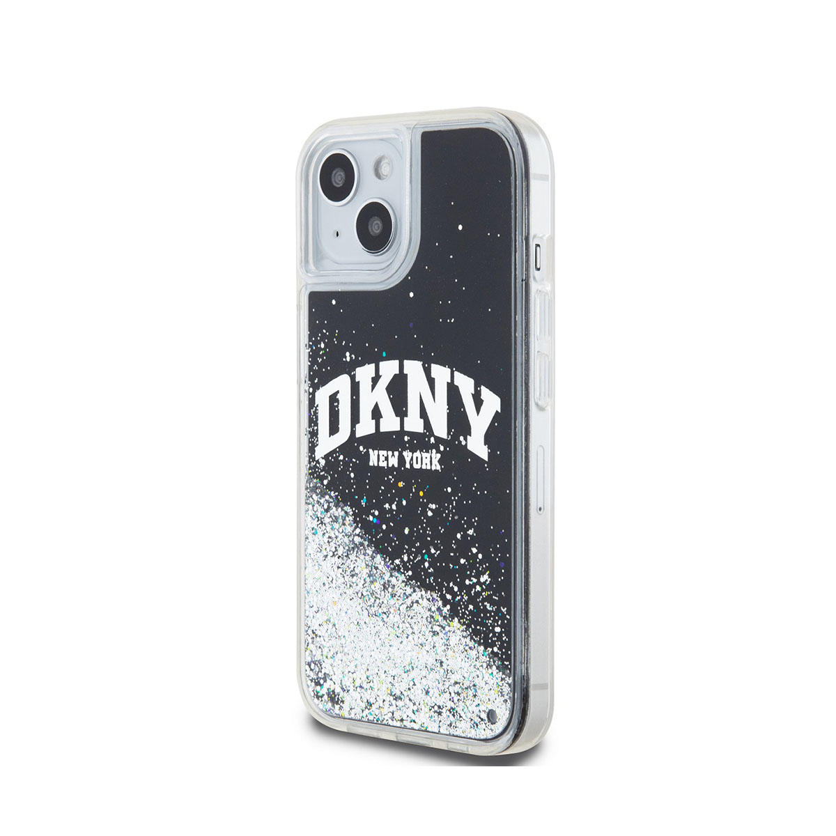 Custodia trasparente con logo DKNY nero ed effetto glitter. Sfondo bianco.
