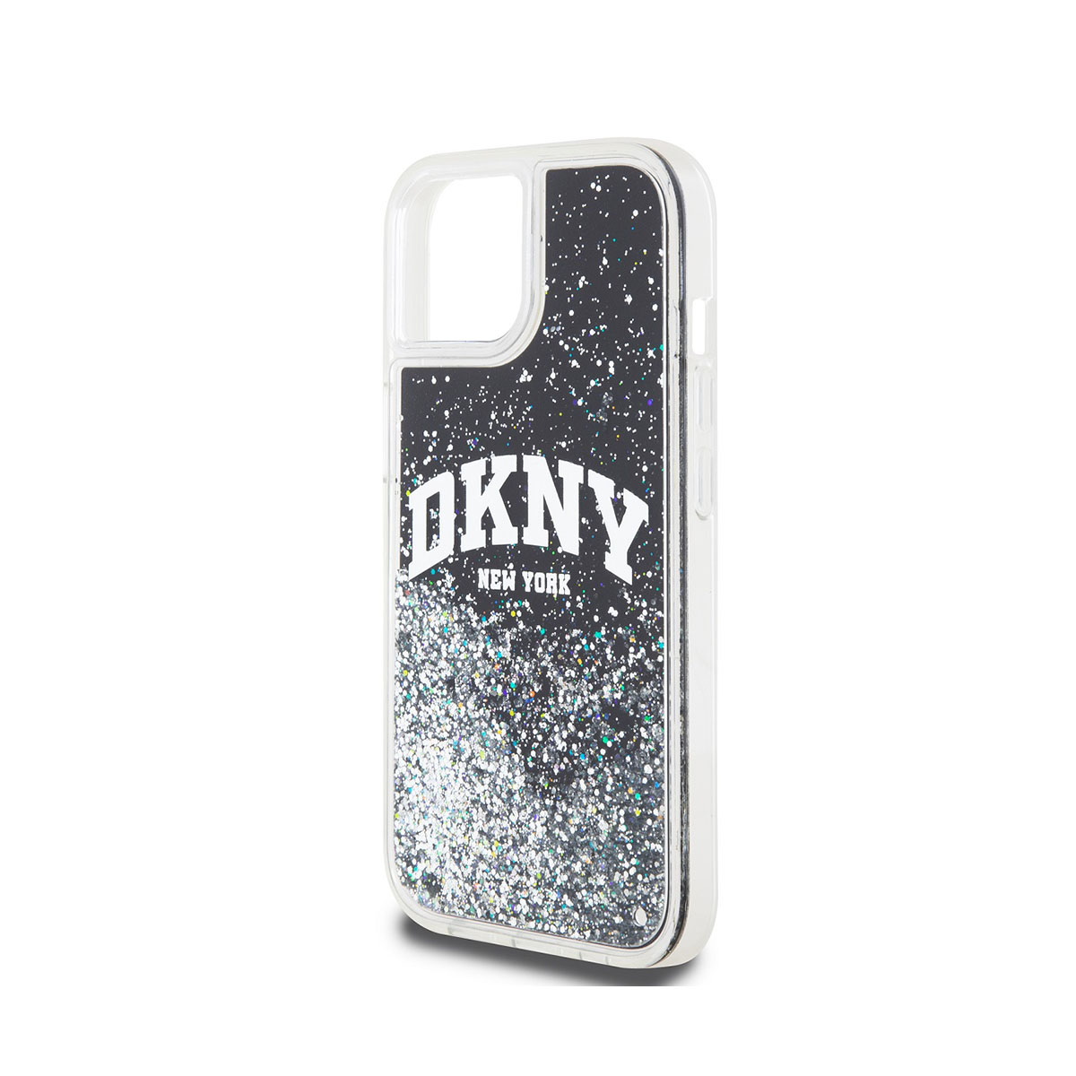 Custodia trasparente per telefono con logo DKNY e design glitterato. Bordo bianco.