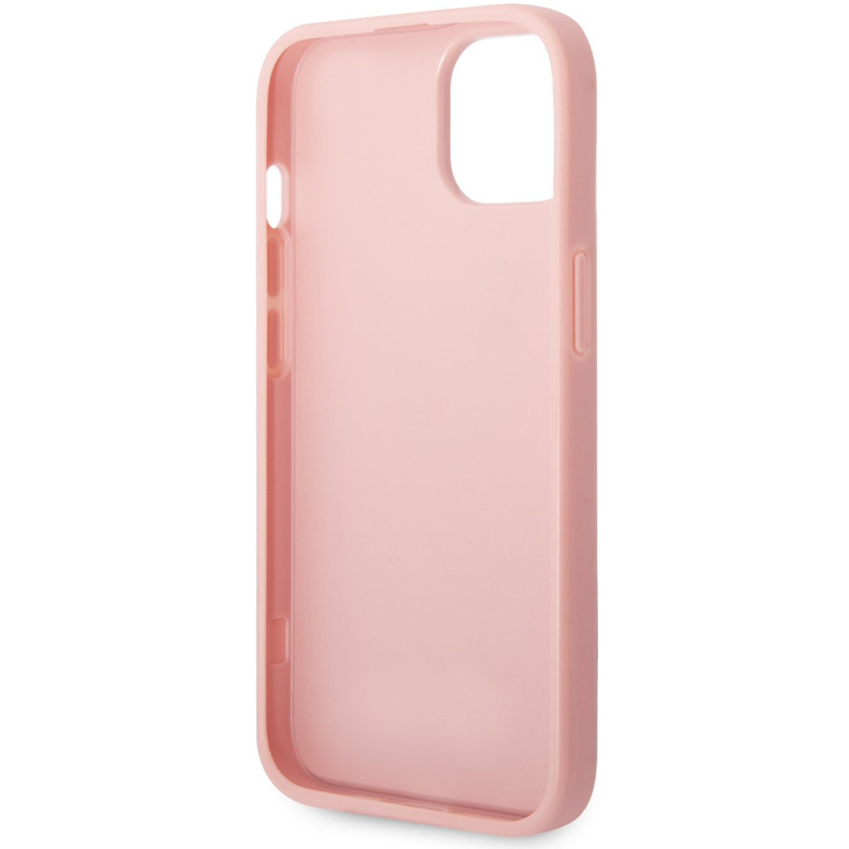 Custodia rosa con fori per fotocamera e pulsanti. Design semplice con superficie liscia.