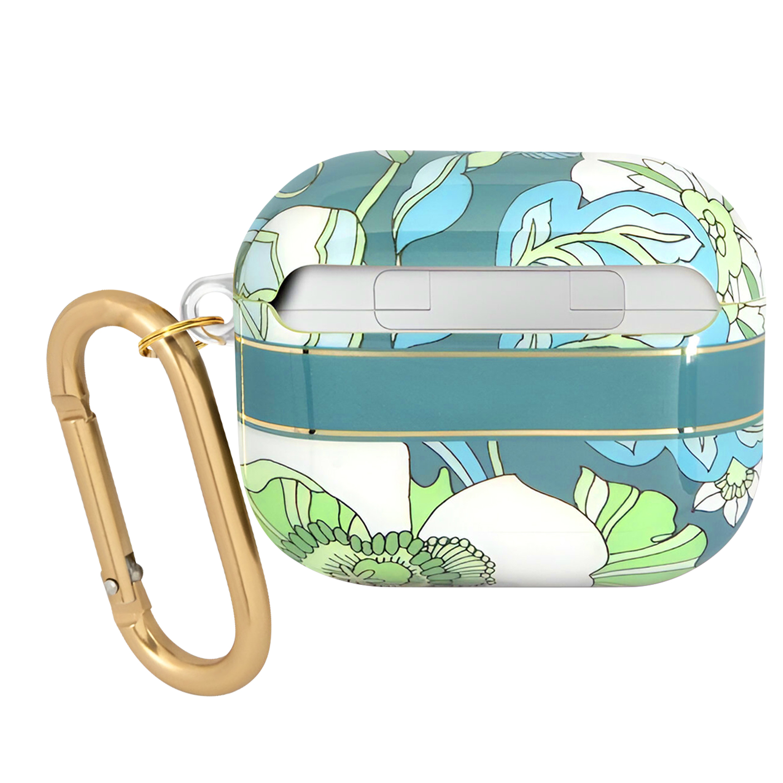 Funda floral para AirPods con mosquetón dorado. Fondo blanco.