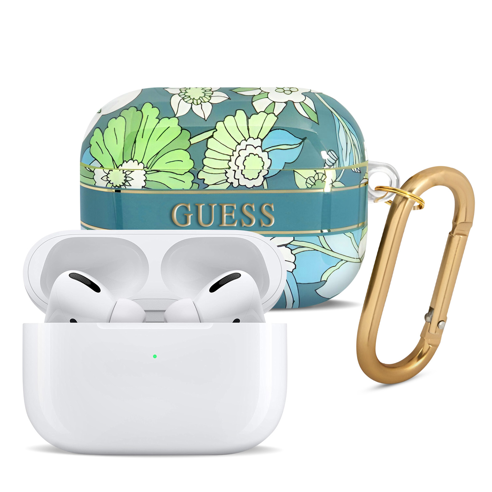 Estuche blanco de AirPods con estuche floral GUESS y mosquetón dorado.