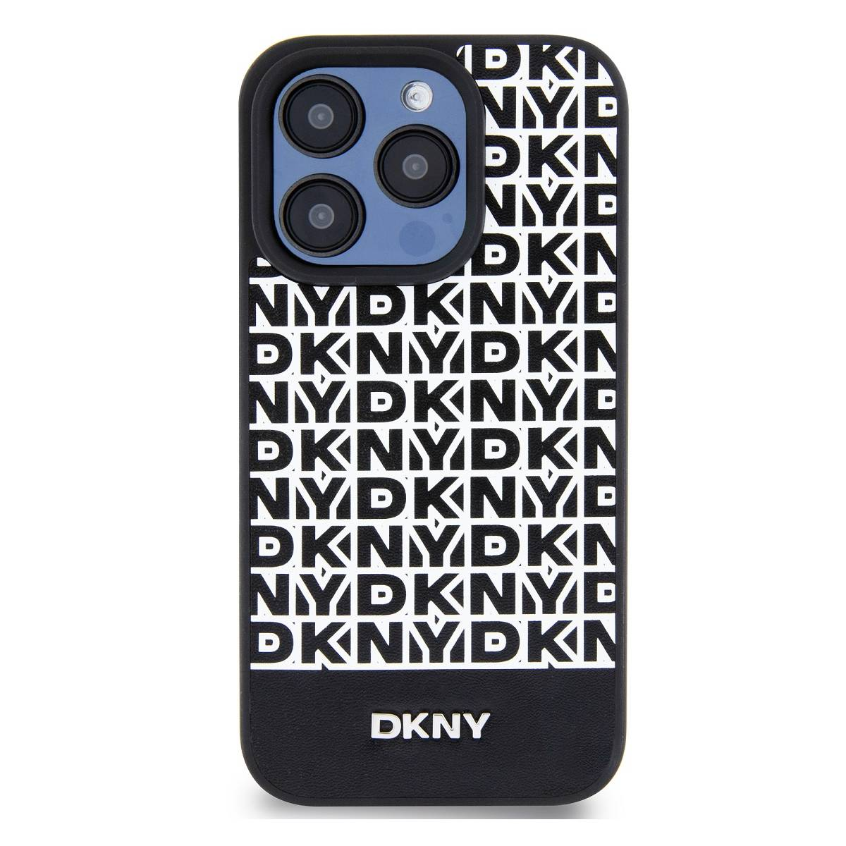 Una custodia per telefono nera con motivo e logo DKNY. Lo sfondo è bianco.