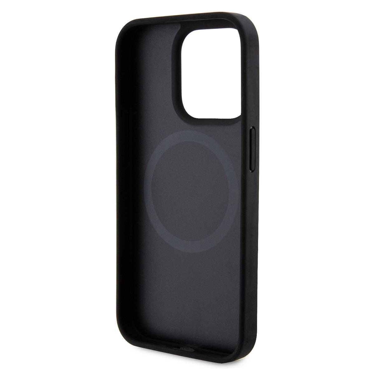 Custodia per telefono nera con design circolare, con un ritaglio per la fotocamera.