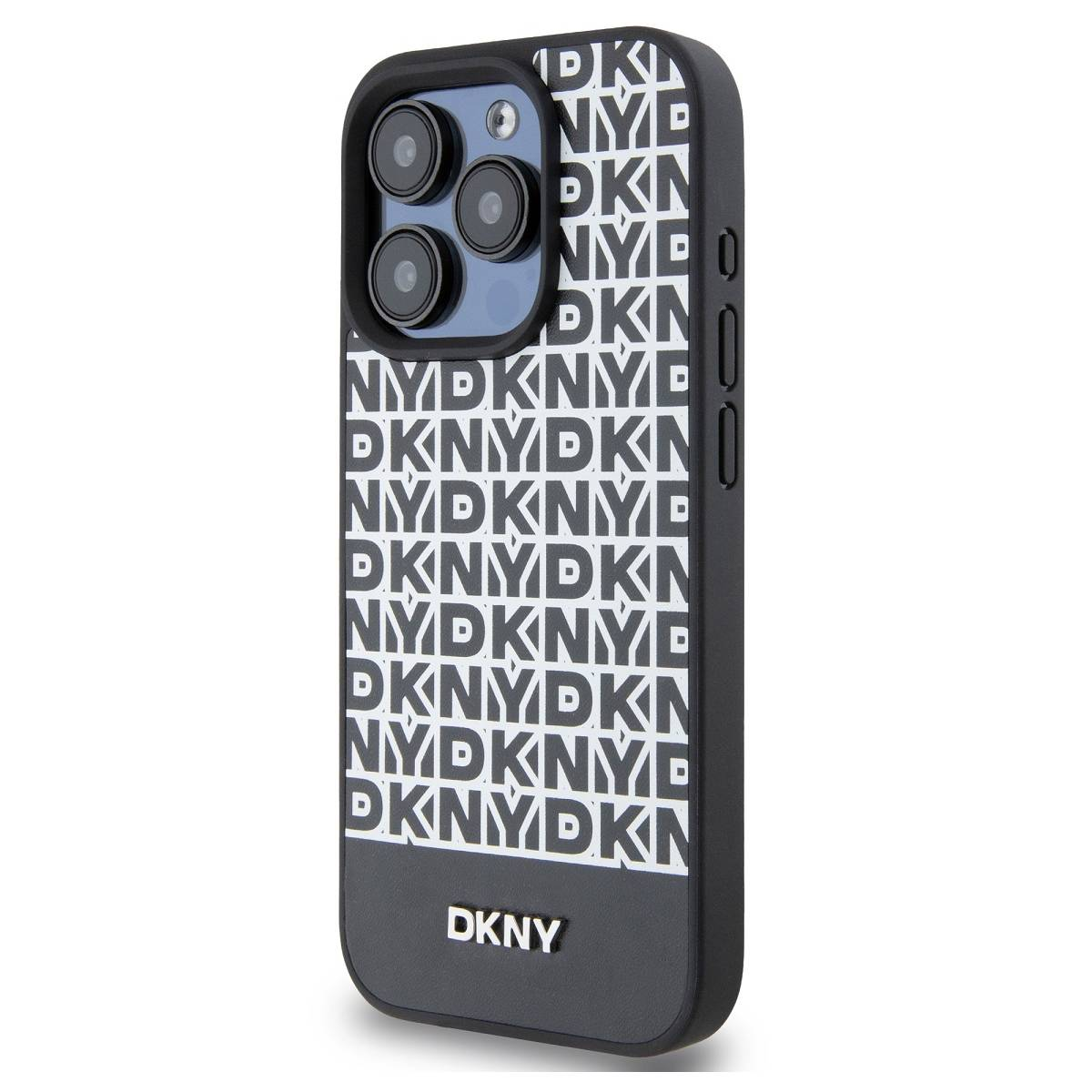 Custodia in bianco e nero con motivo DKNY. La custodia è su sfondo bianco.