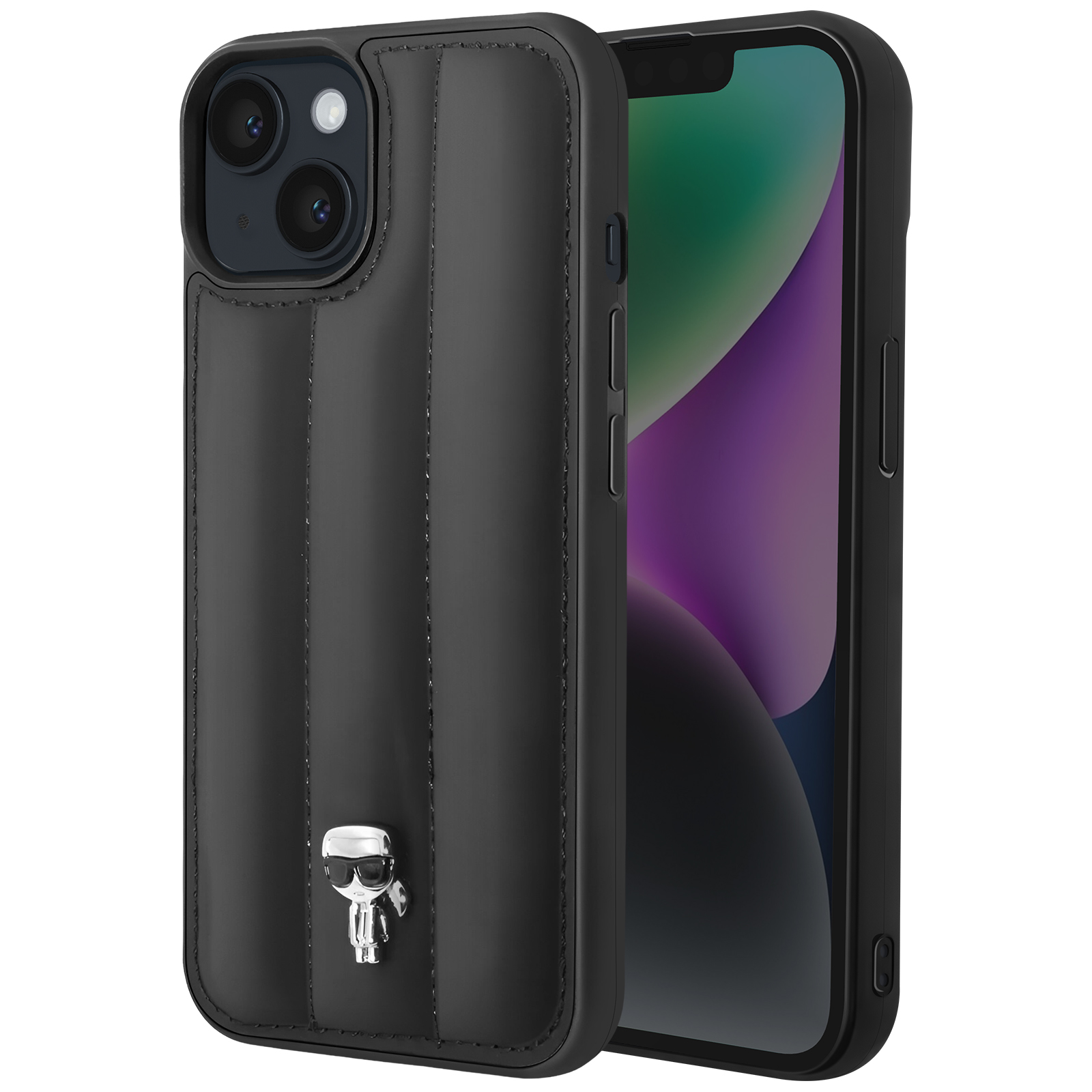 Custodia nera con logo argento e telefono nero. Lo sfondo è bianco.