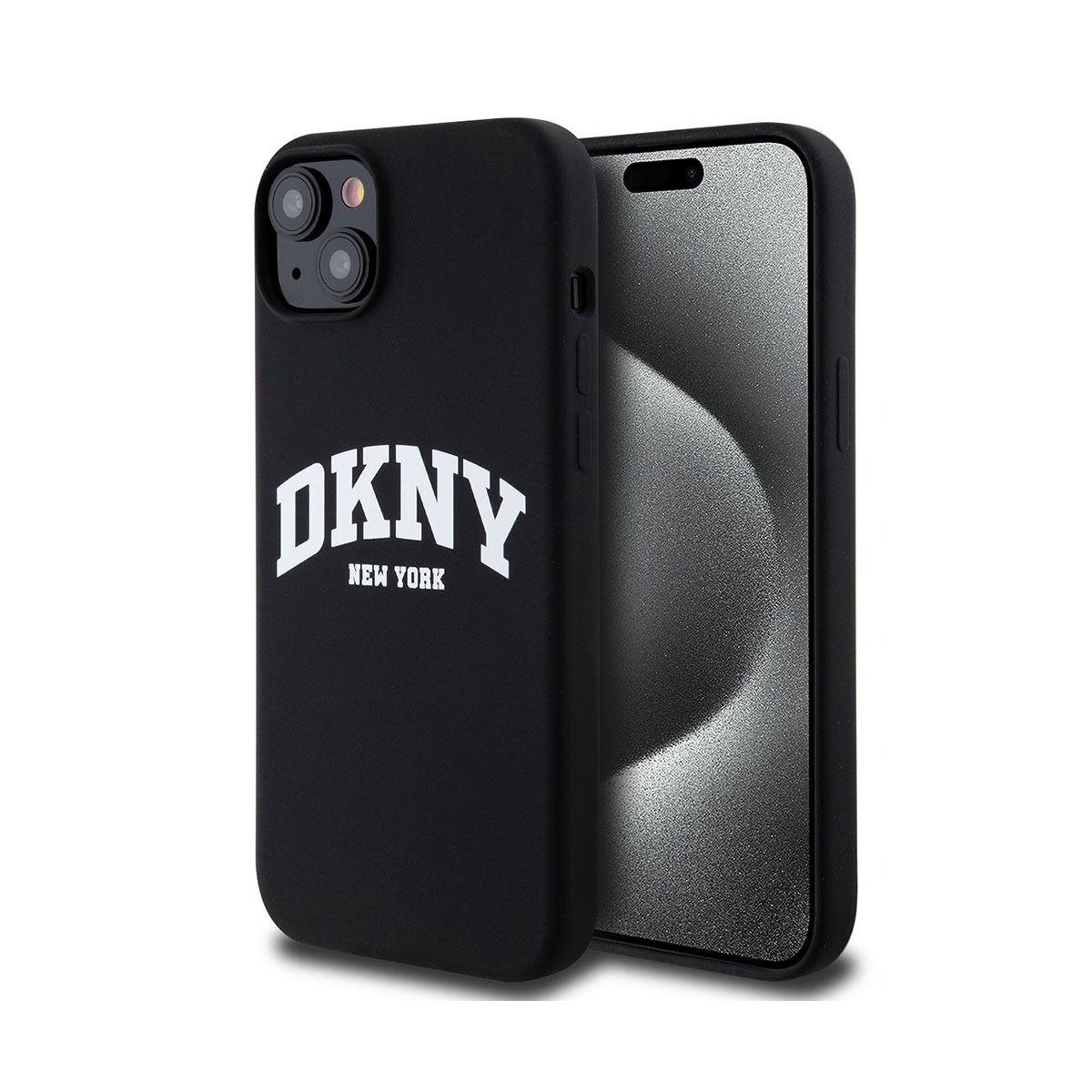 Custodia nera per telefono con testo bianco "DKNY NEW YORK" e un telefono all'interno.