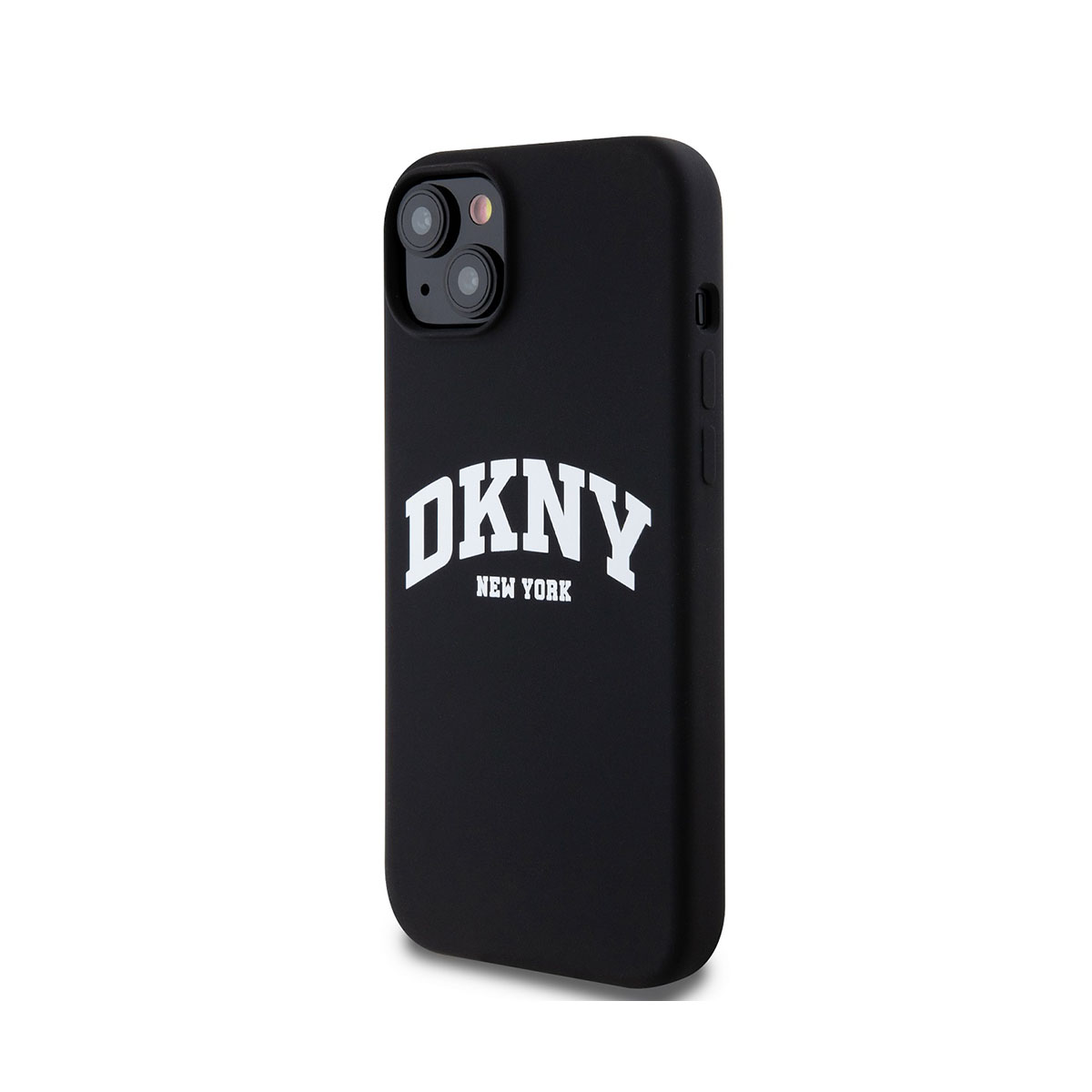 Custodia nera con logo bianco 'DKNY NEW YORK'. Design semplice.