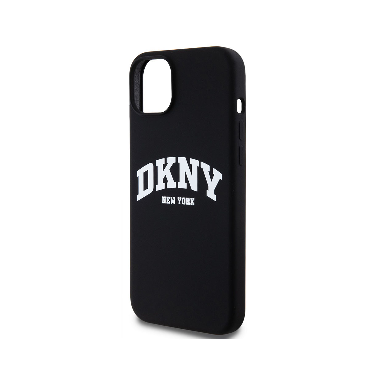 Custodia DKNY nera. Logo DKNY bianco sul retro. Sfondo bianco.