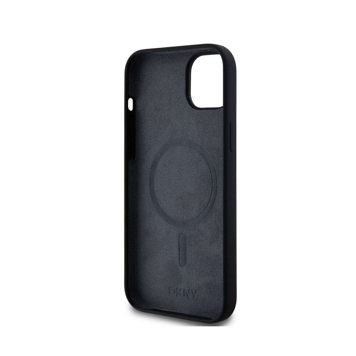 Custodia nera per telefono con design magnetico circolare e logo DKNY all'interno.
