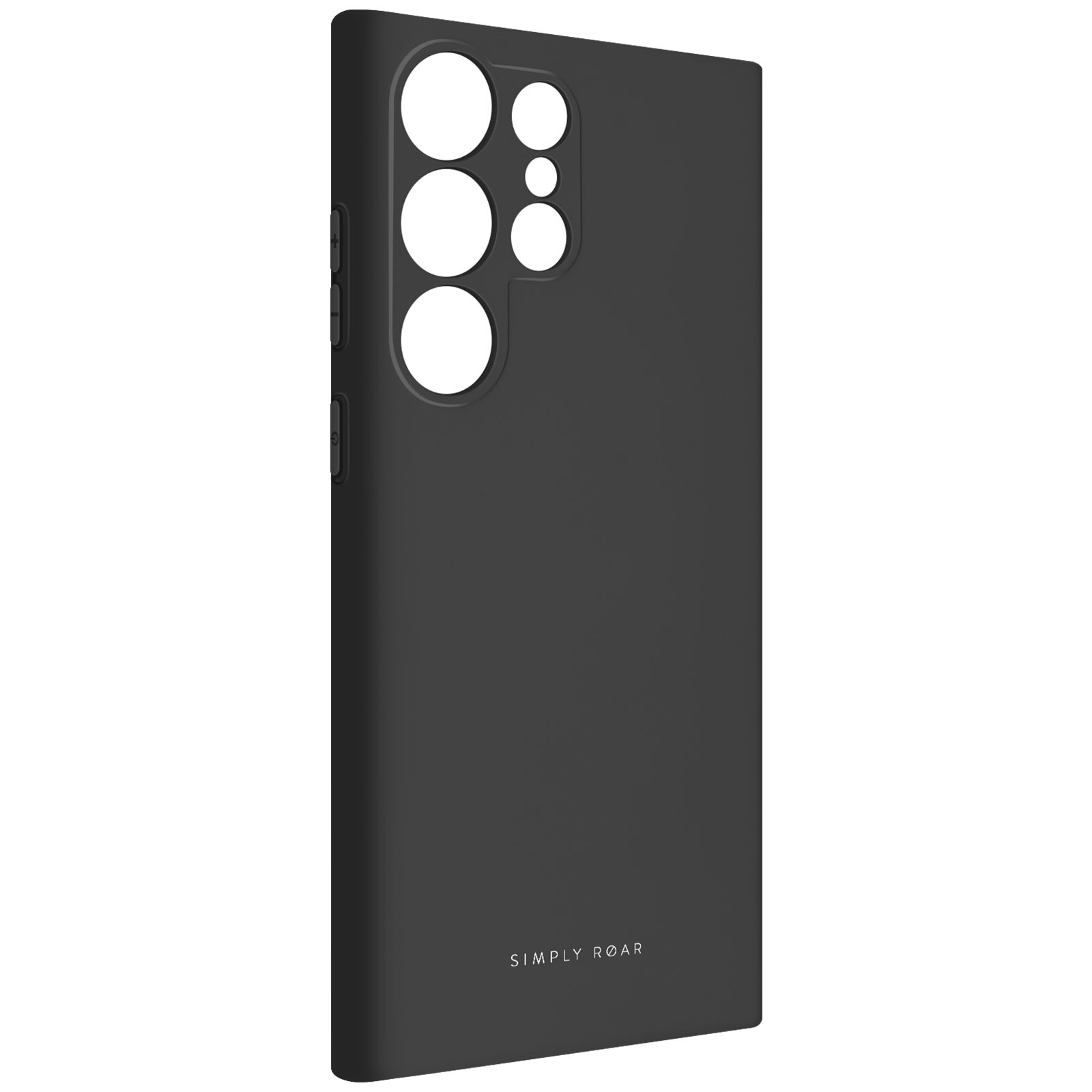 Una custodia nera per telefono con ritagli per fotocamera e la scritta 'SIMPLY ROAR' in basso.