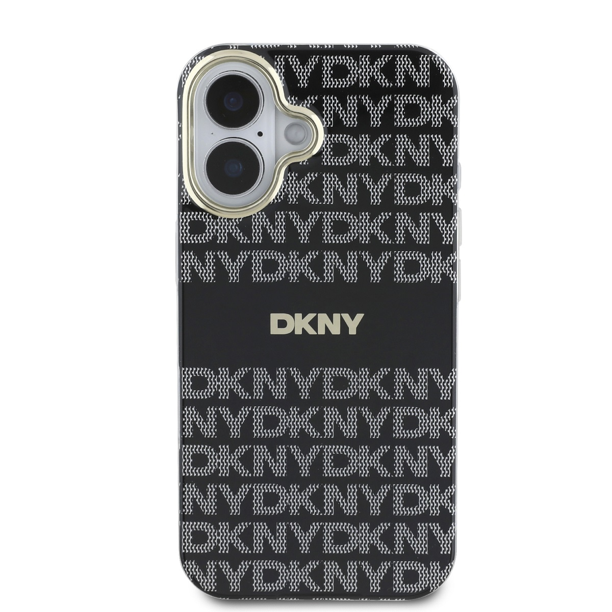 Cover nera con loghi DKNY bianchi, con cornice dorata per la fotocamera.