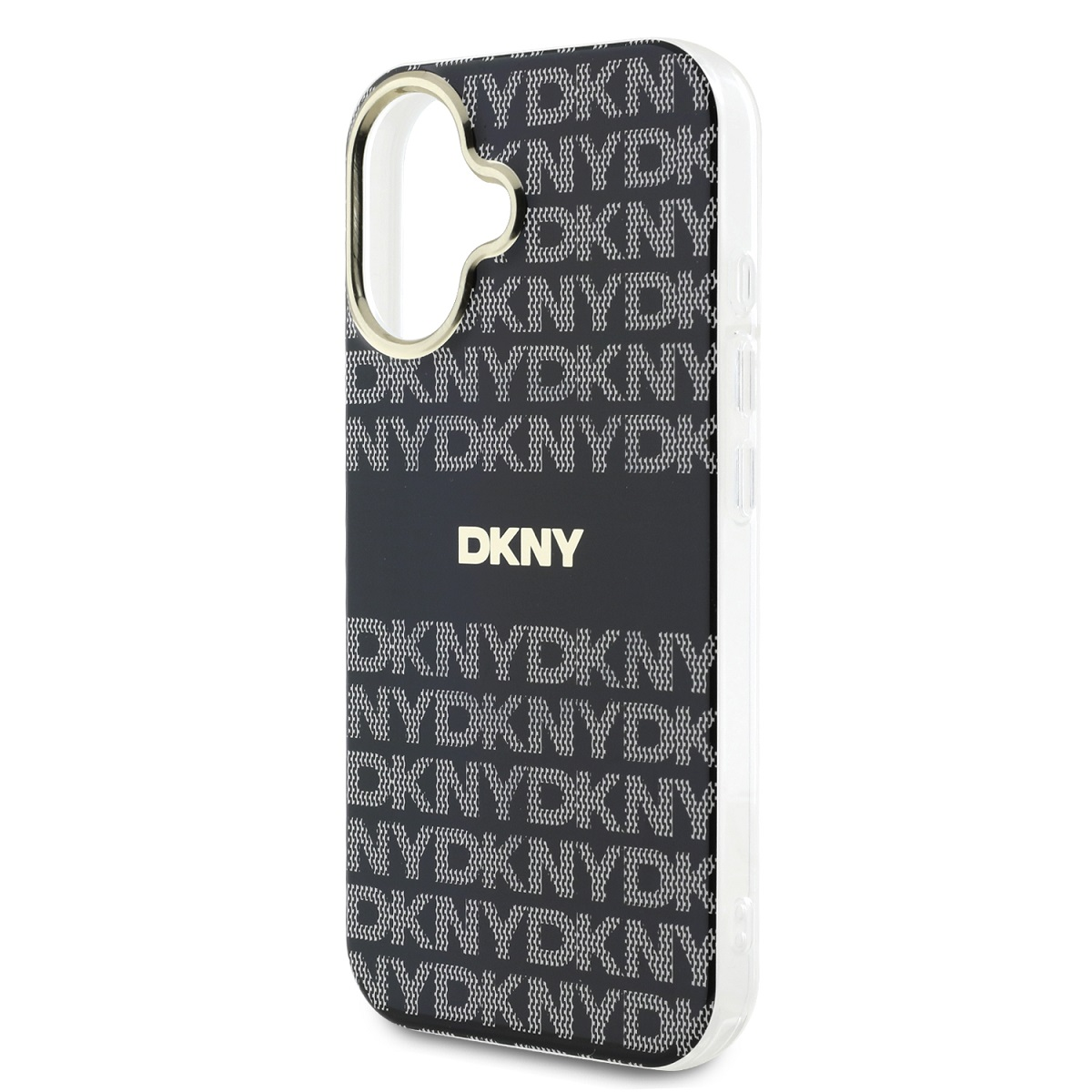 Custodia con motivo logo DKNY. Design bianco e nero, bordi dorati. Sfondo bianco.