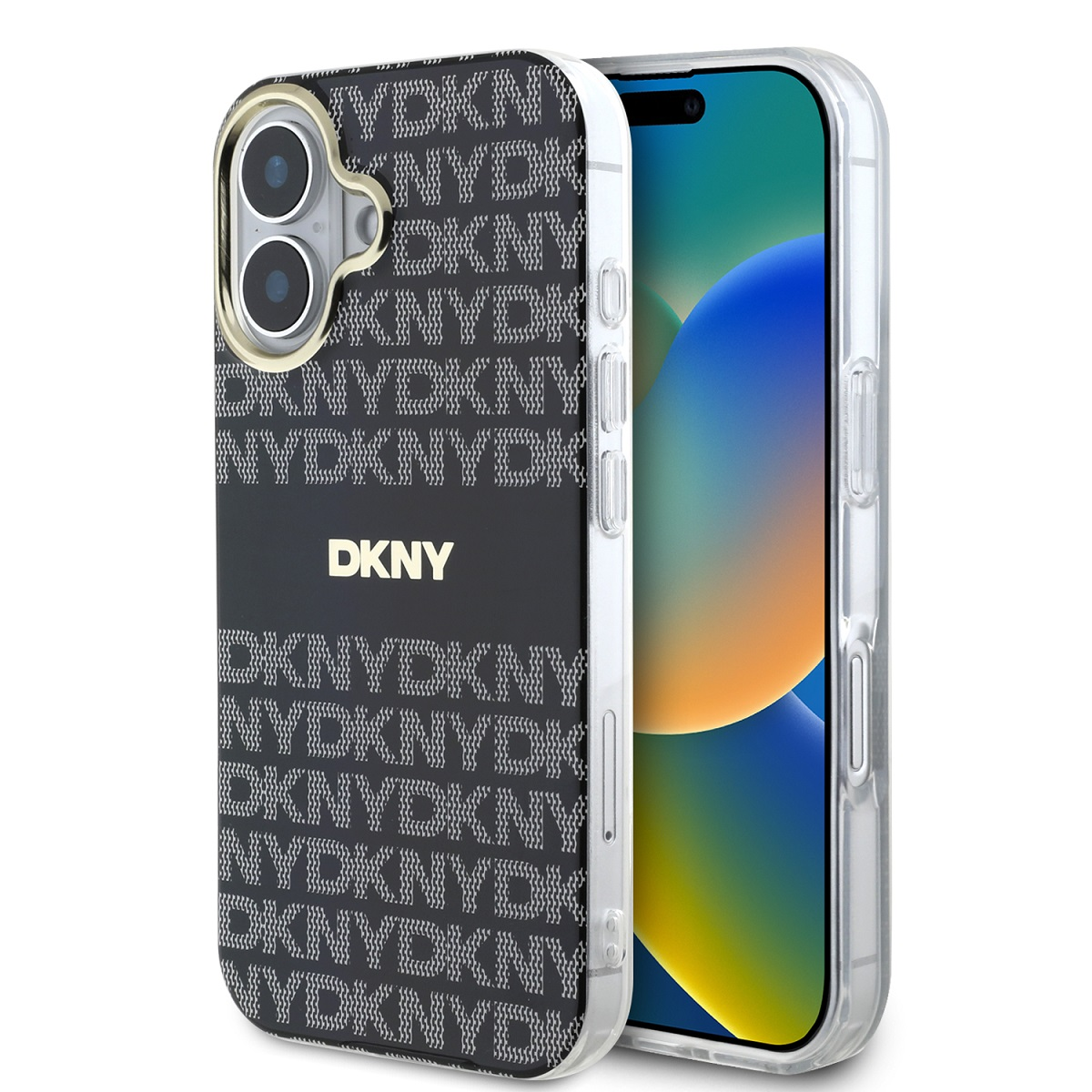 Custodia DKNY con motivo DKNY ripetuto. Il telefono è all'interno della custodia.