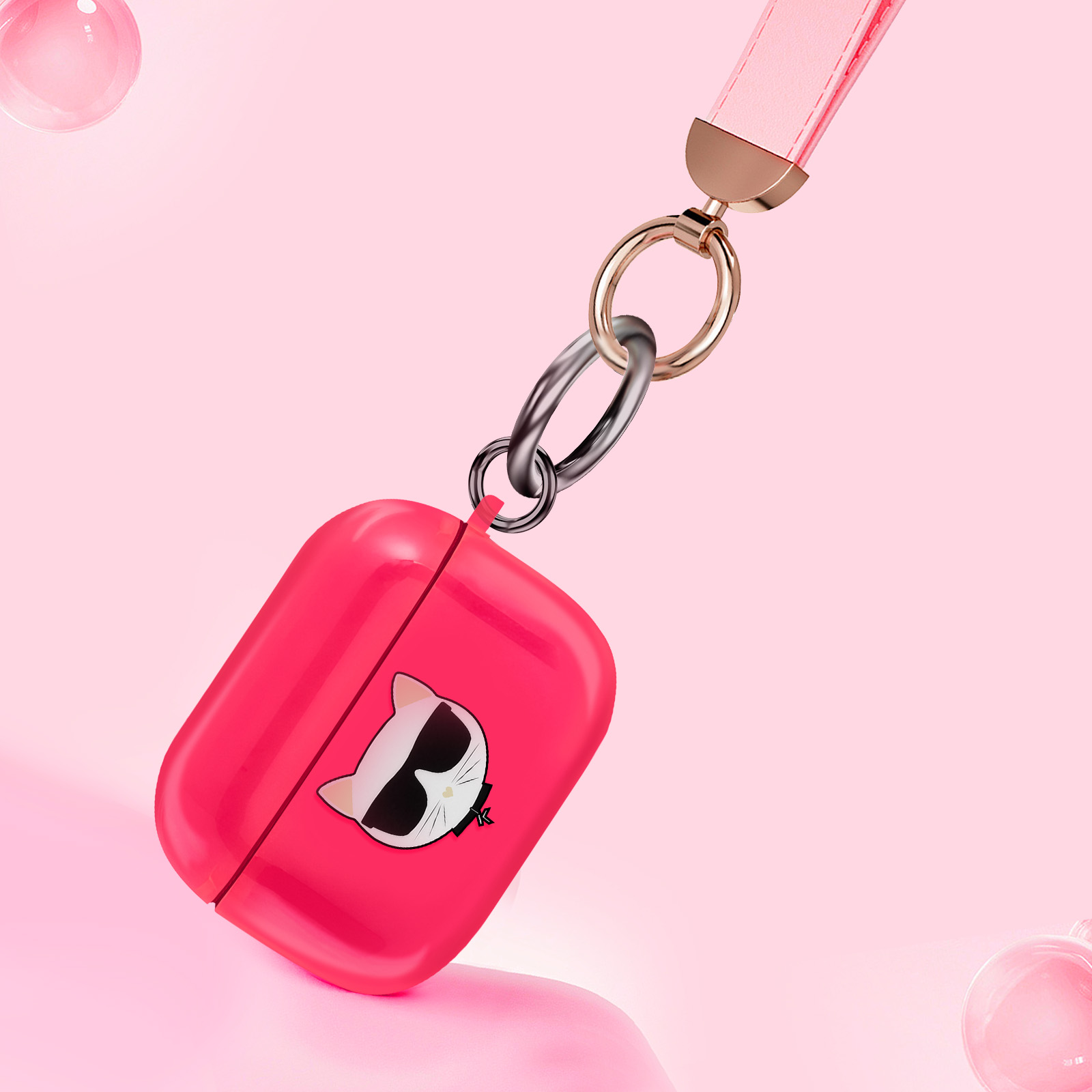 Funda rosa para AirPods con diseño de gato, correa rosa. Burbujas de fondo.