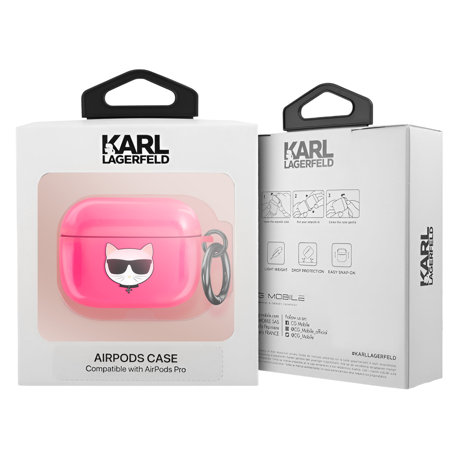 Funda rosa para AirPods con un gráfico de gato, en una caja blanca. La caja tiene la marca KARL LAGERFELD.