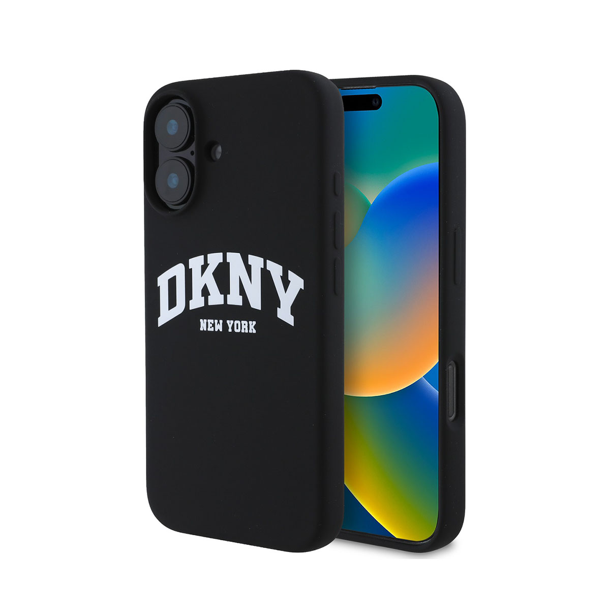 Custodia per telefono nera con il logo DKNY in bianco. Il telefono è un iPhone.