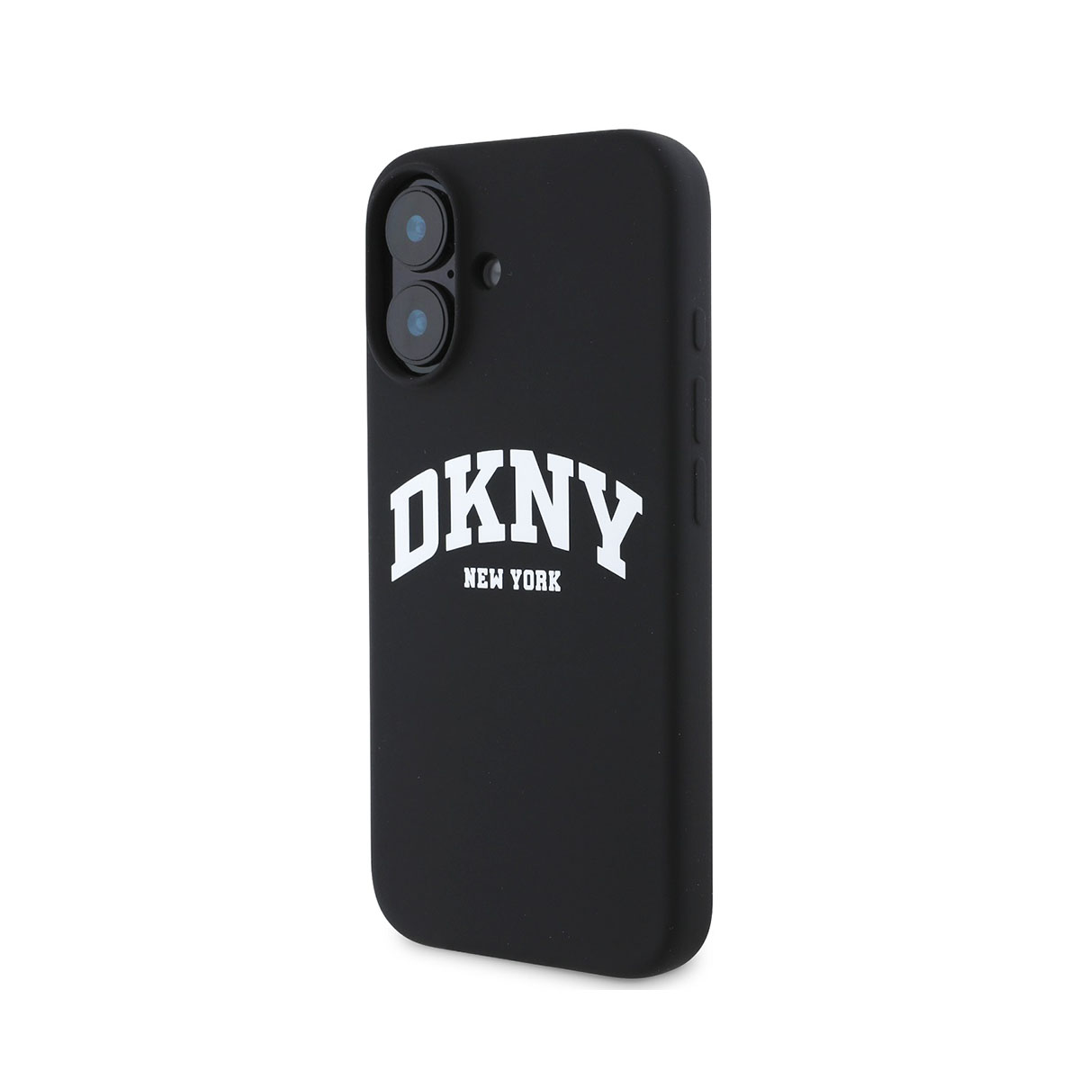 Custodia nera con logo bianco 'DKNY NEW YORK'.