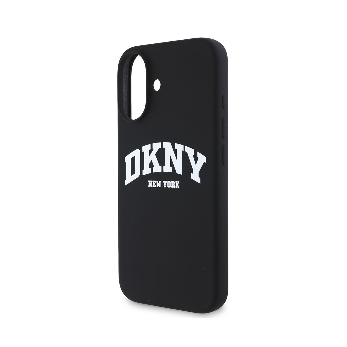 Custodia per telefono DKNY nera con testo bianco. Sfondo bianco.