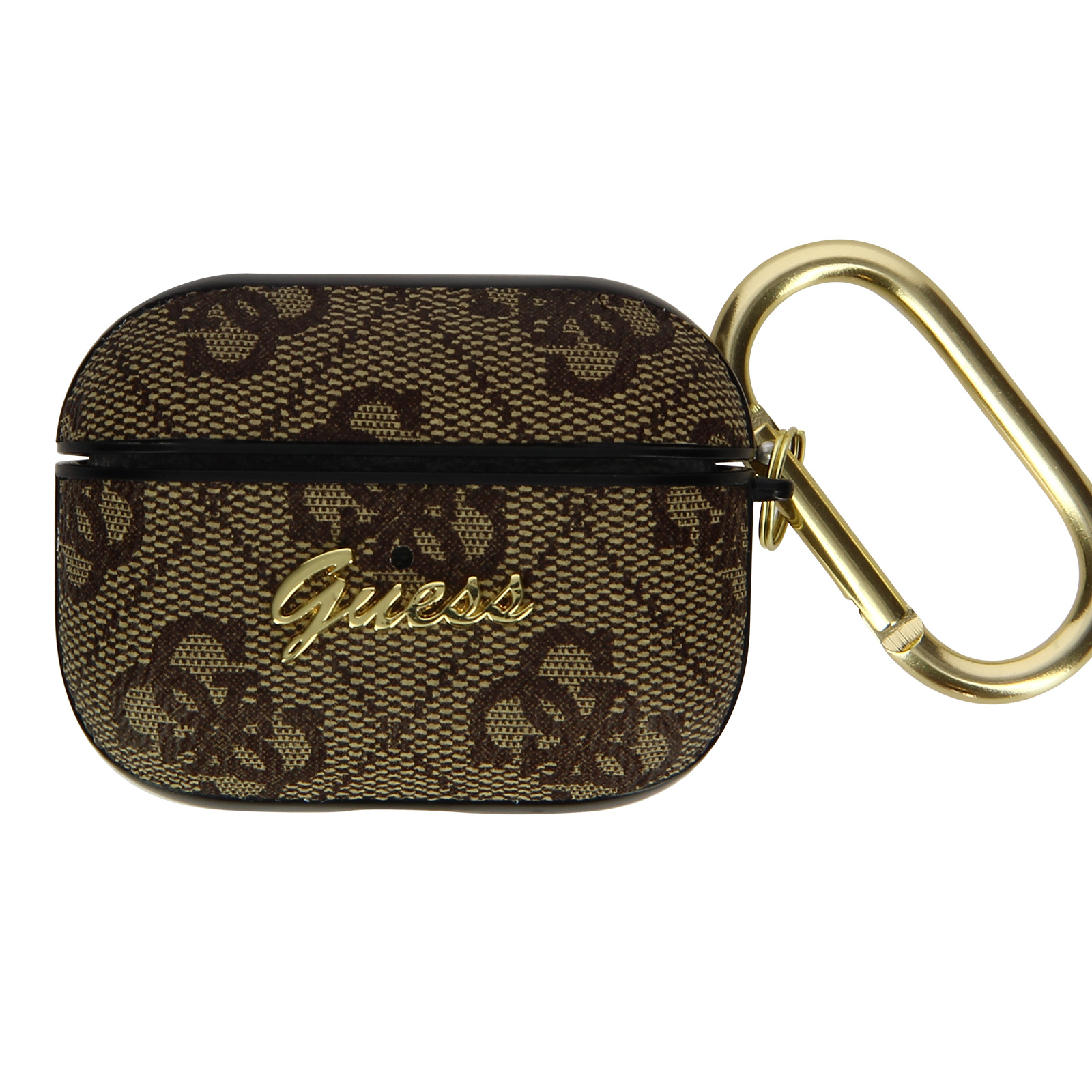 Funda Guess para AirPods. Funda marrón con el logo de Guess y un mosquetón dorado.
