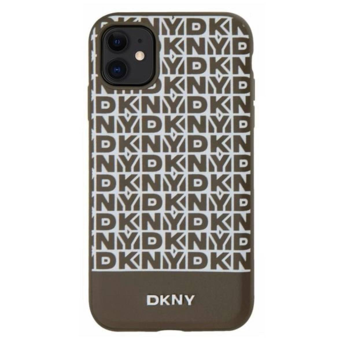 Una custodia per telefono con il logo DKNY ripetuto in bianco su sfondo marrone.