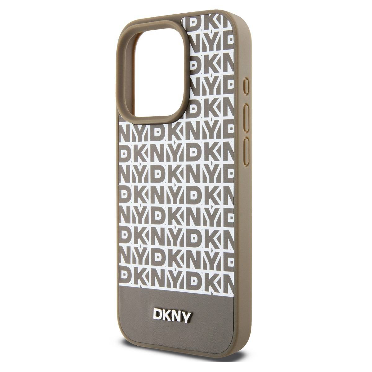 Una custodia per telefono con loghi DKNY marroni e bianchi. Ha una cornice marrone e uno sfondo bianco.