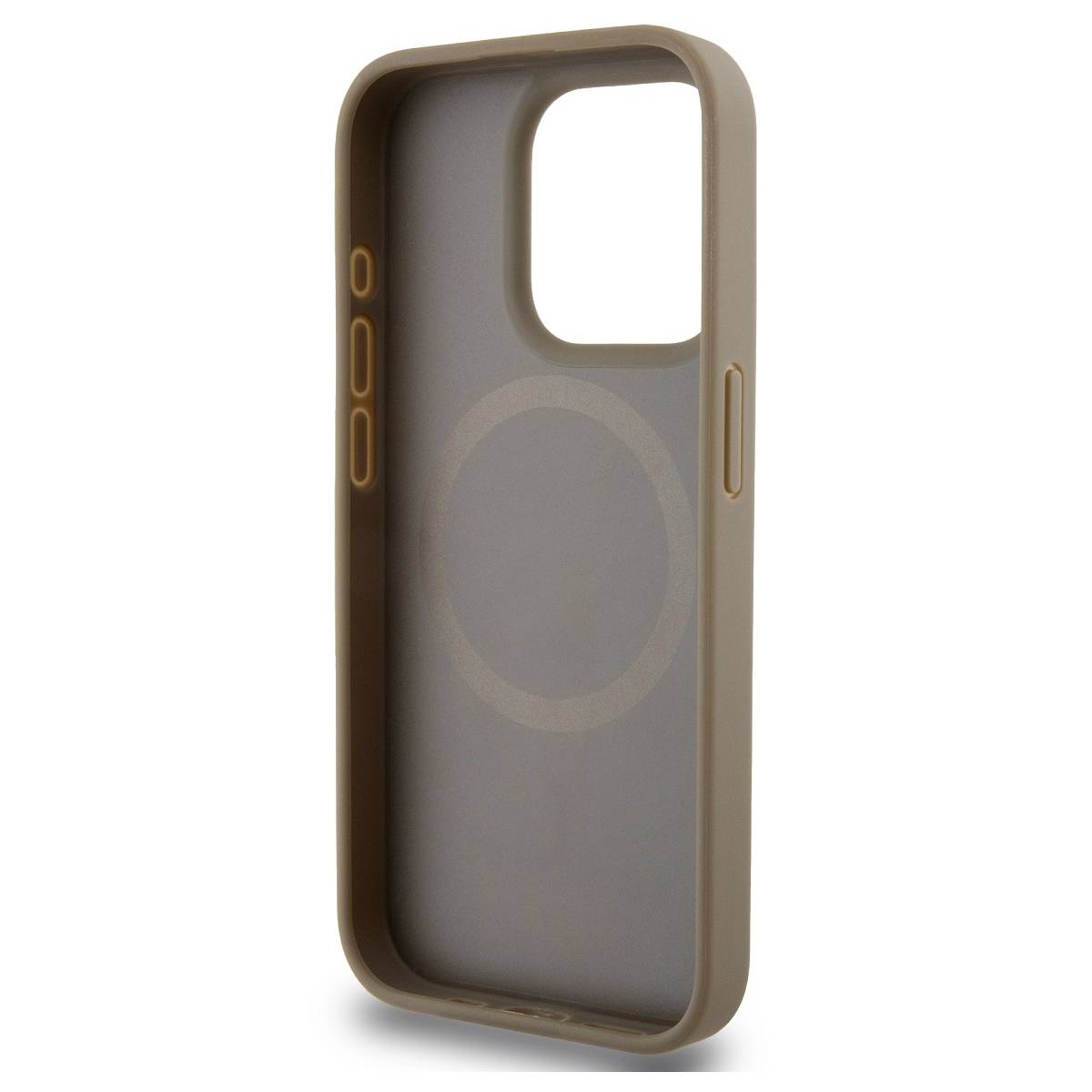 Custodia per telefono color cachi con anello magnetico. Mostra il lato e il retro.