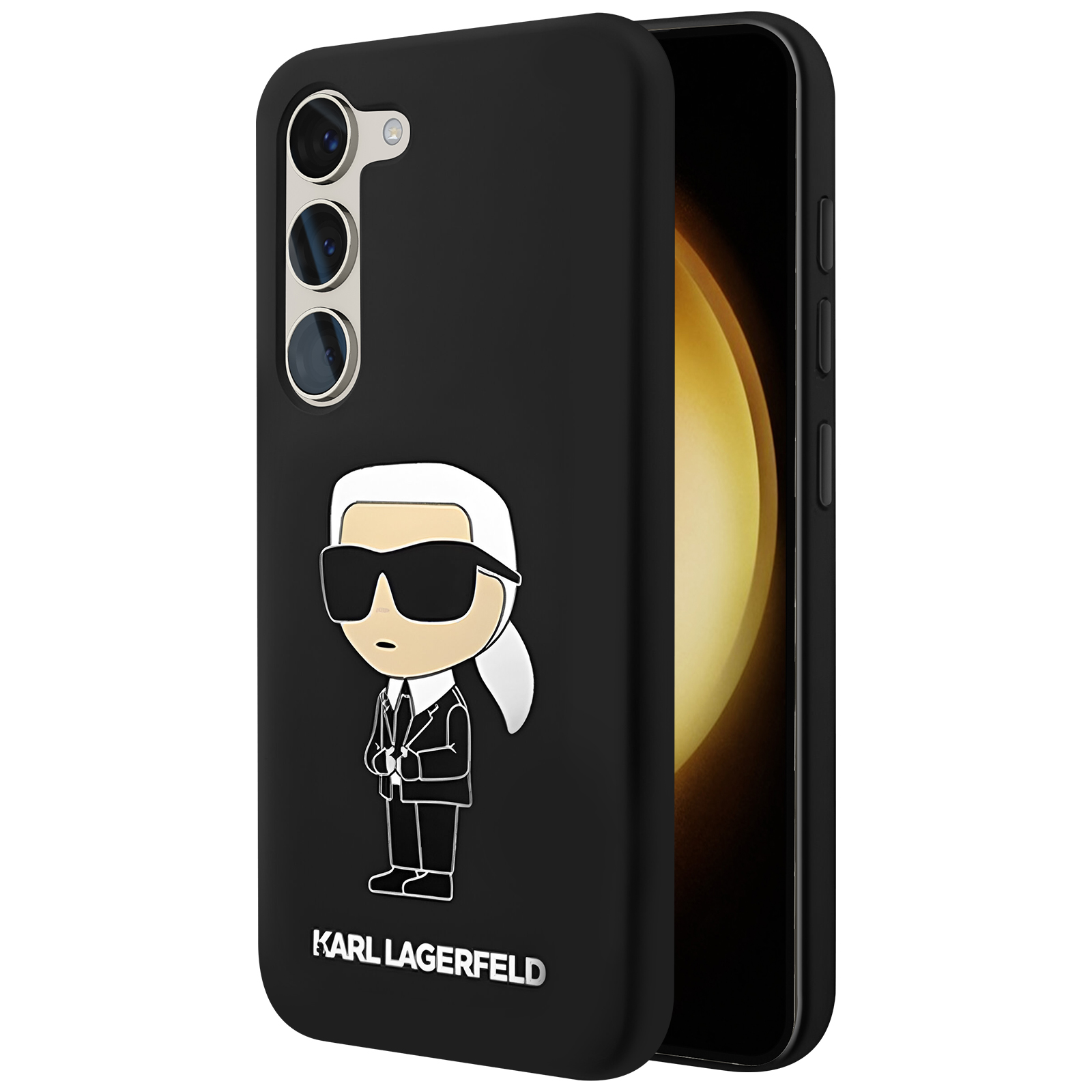 Telefono nero con design Karl Lagerfeld. Contorno bianco di Karl sul retro.