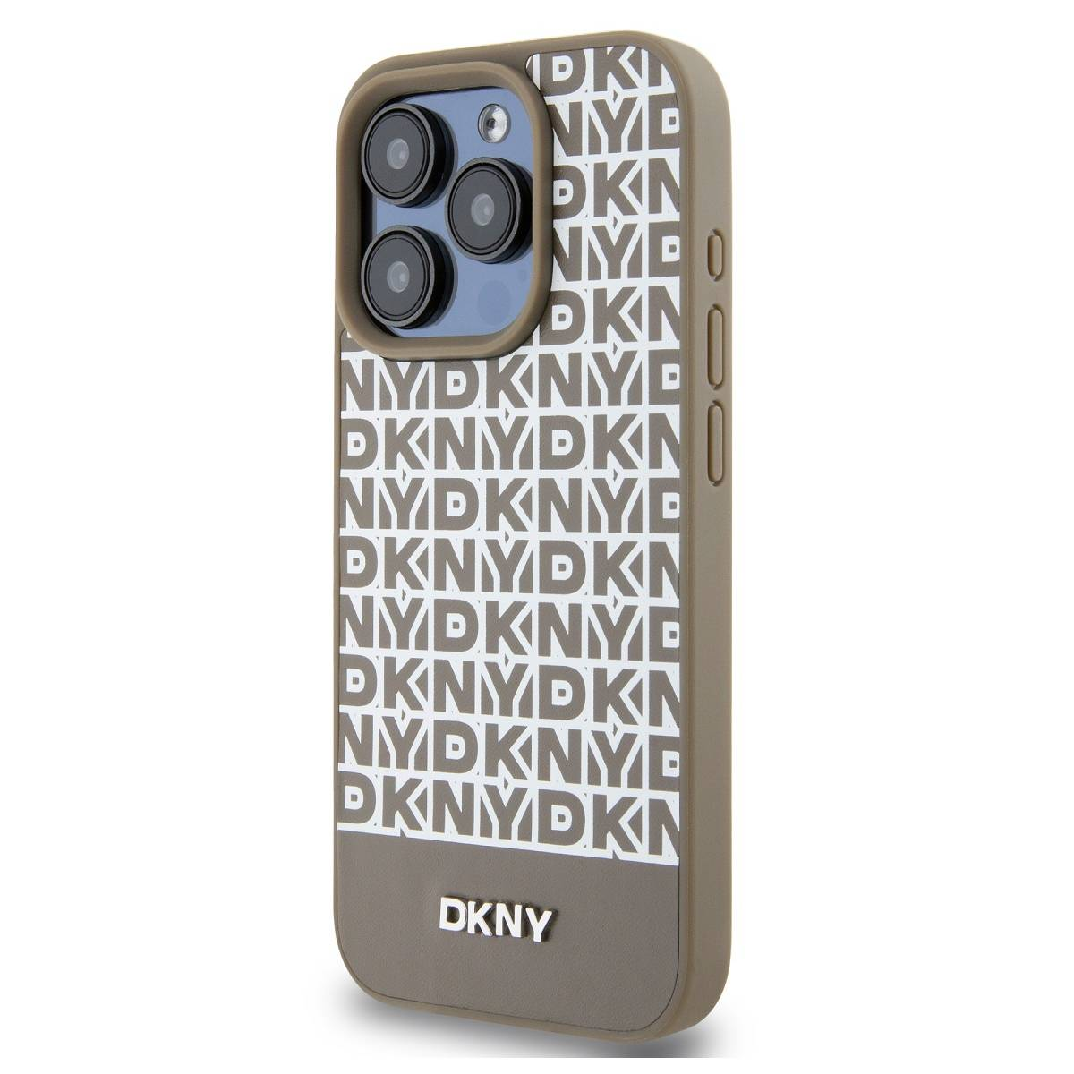 Custodia DKNY marrone con logo DKNY bianco ripetuto. Copre retro e bordi del telefono.