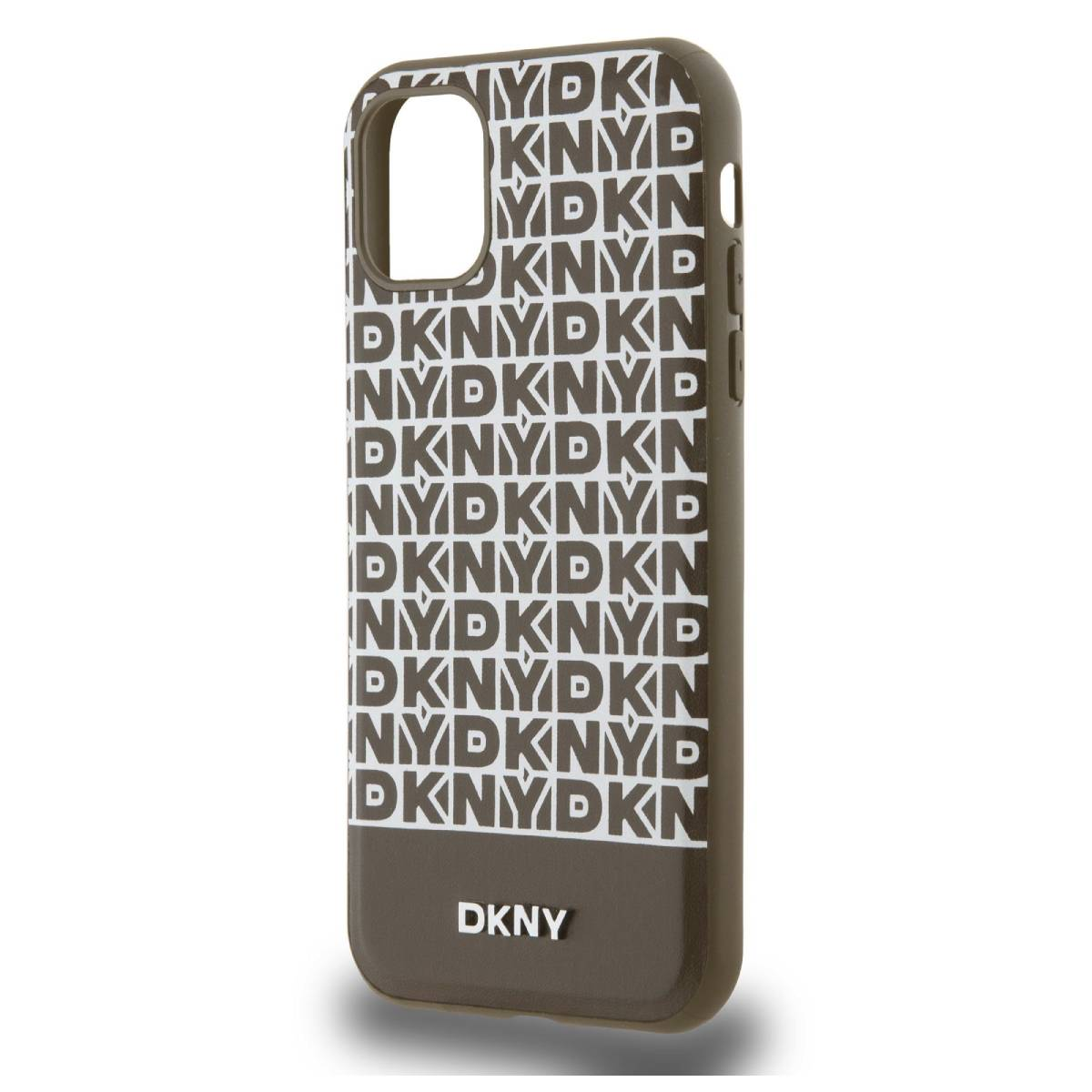Una custodia per telefono con loghi DKNY ripetuti in bianco, su una custodia grigia e marrone.