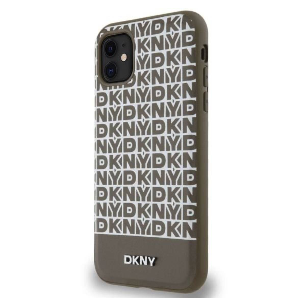 Custodia per telefono con testo DKNY ripetuto. La custodia è marrone e bianca.