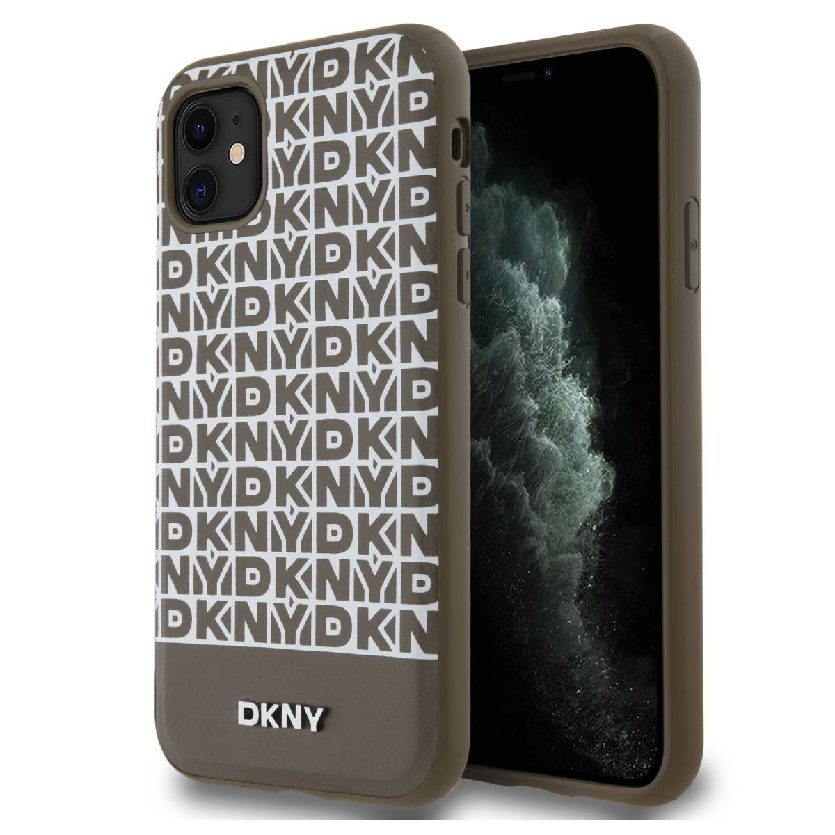 Custodia per telefono color oliva con logo DKNY ripetuto sul retro, con un telefono.
