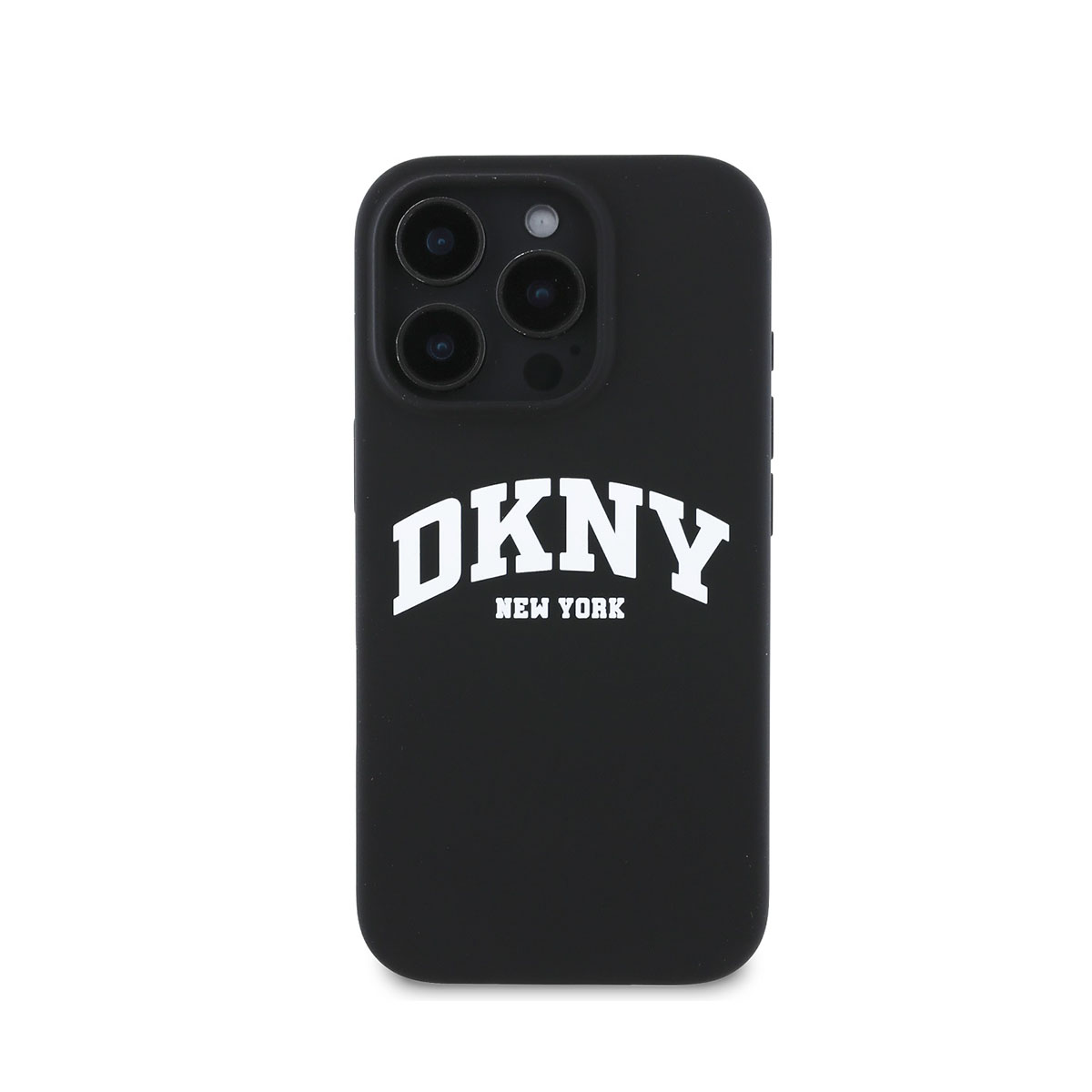 Custodia nera con logo DKNY bianco. Il telefono è nero.