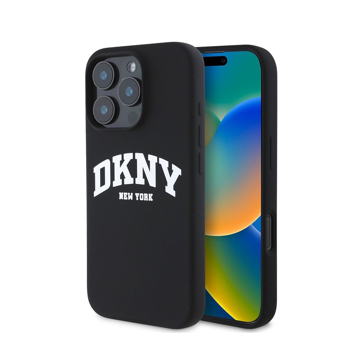 Custodia nera con logo DKNY bianco su un telefono nero.