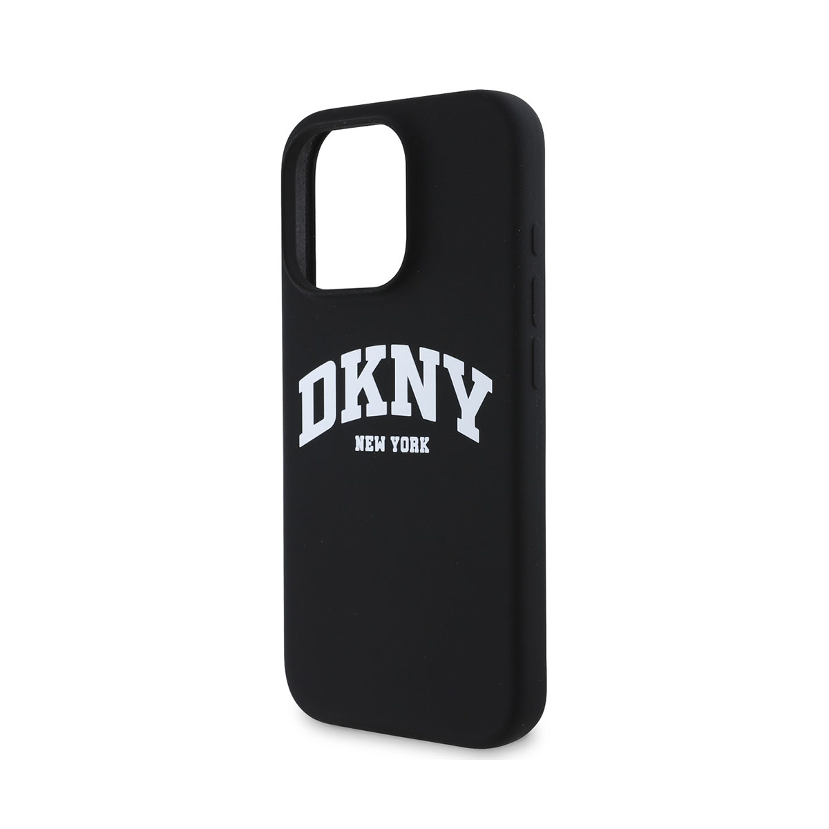 Custodia per telefono nera con logo DKNY New York in bianco.