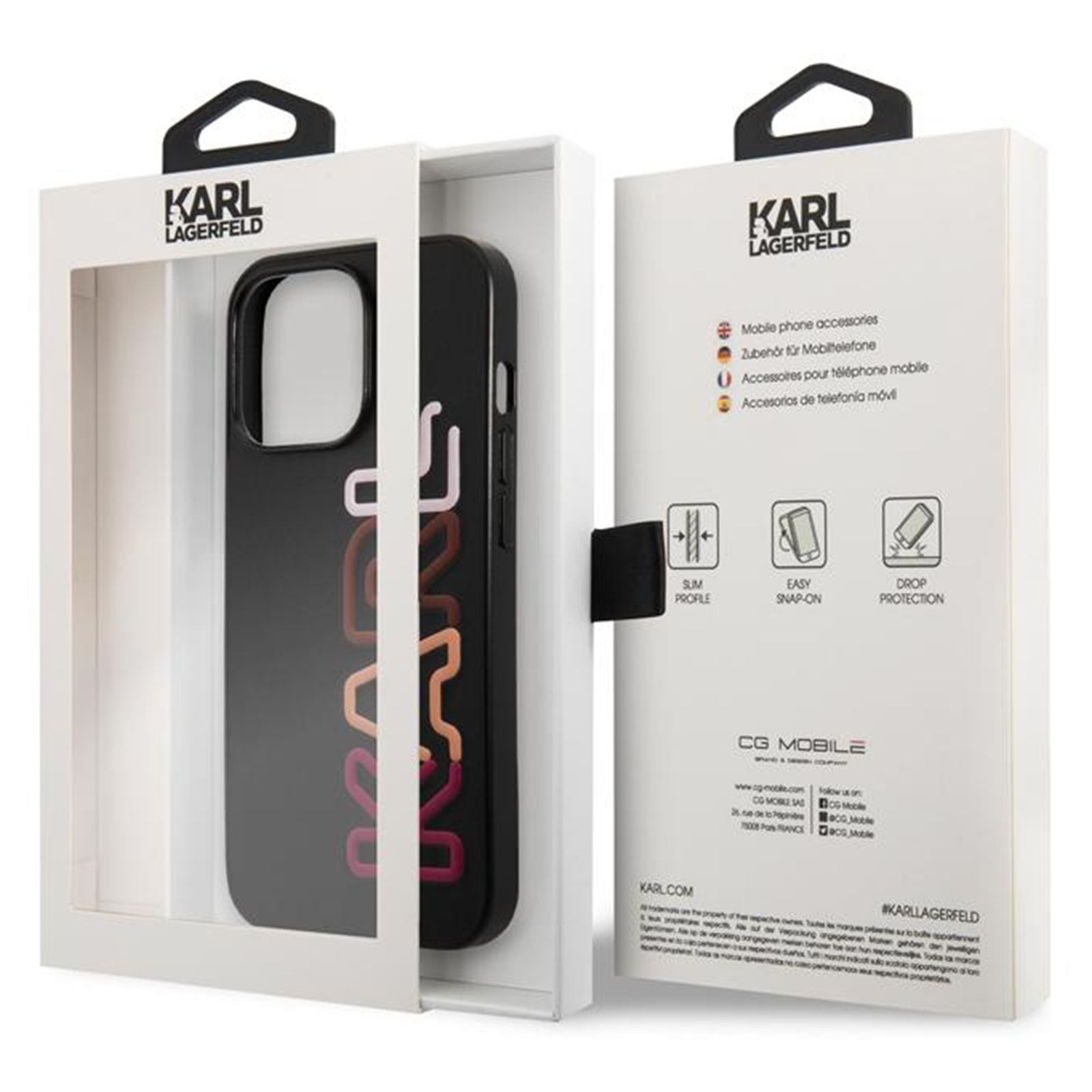 Una custodia nera per telefono con una scatola bianca. La custodia ha la parola KARL in rosa e arancione.