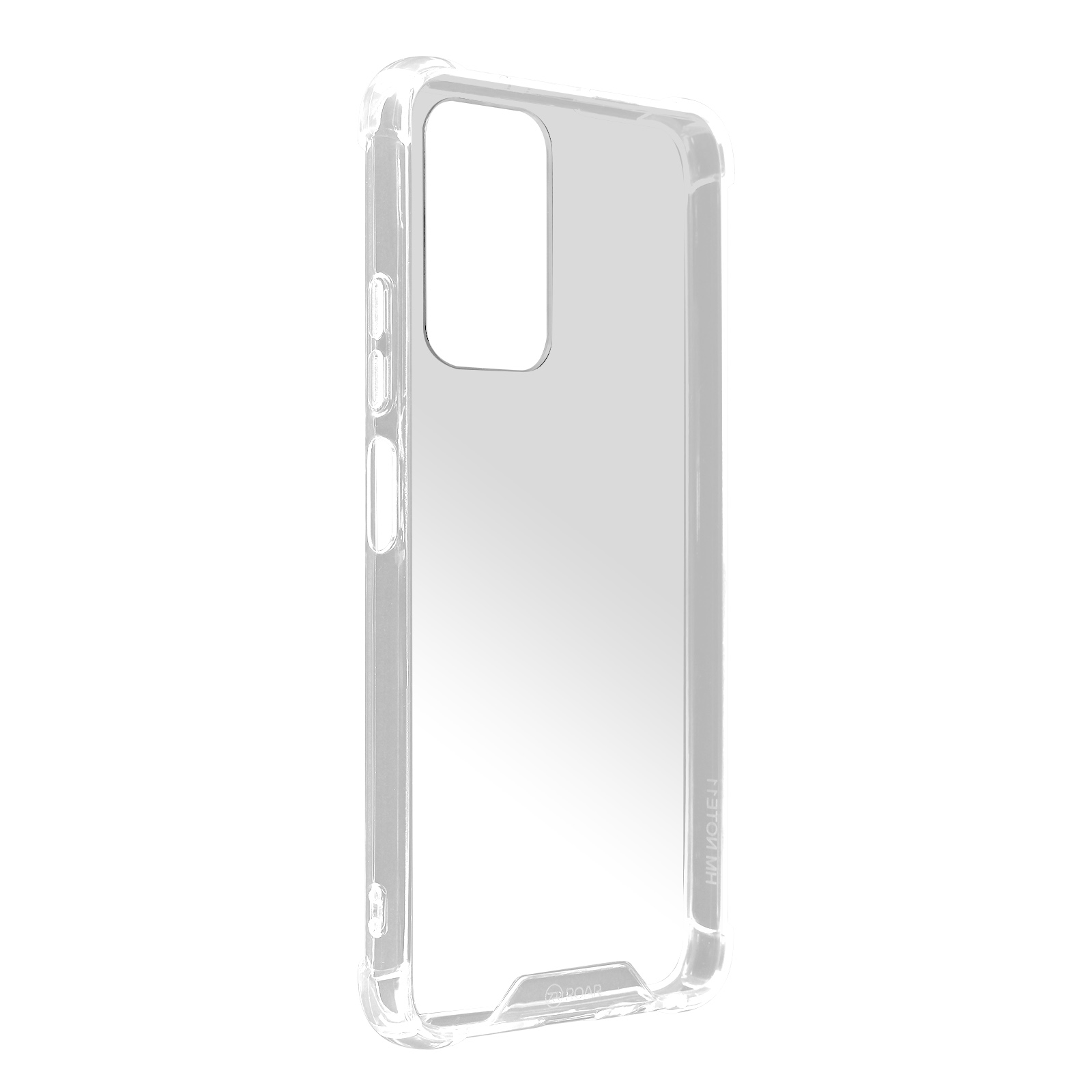 Custodia trasparente per telefono. Plastica trasparente, mostra il contorno del telefono. Sfondo bianco.