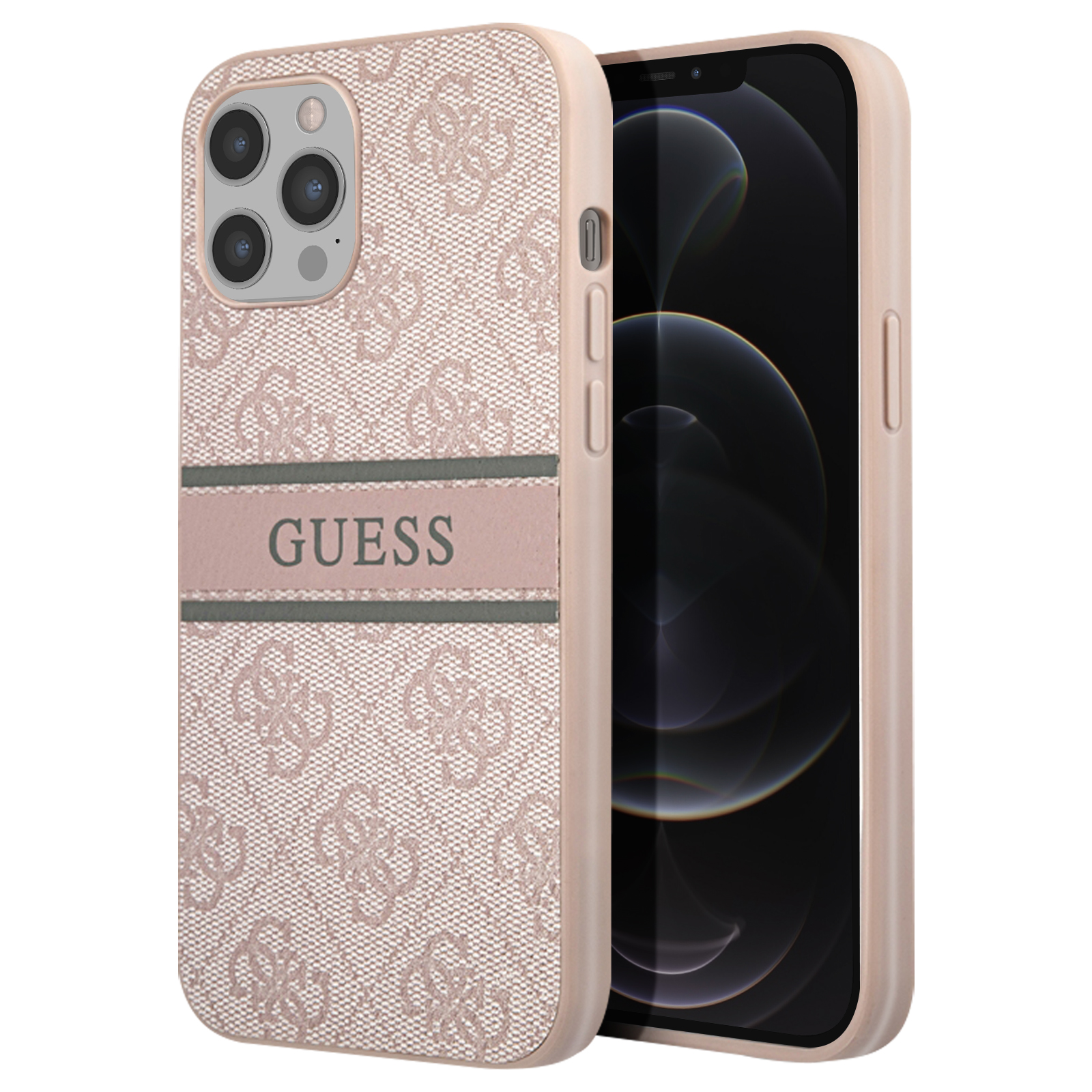 Custodia rosa con telefono dentro. La custodia ha la parola GUESS e un motivo rosa.