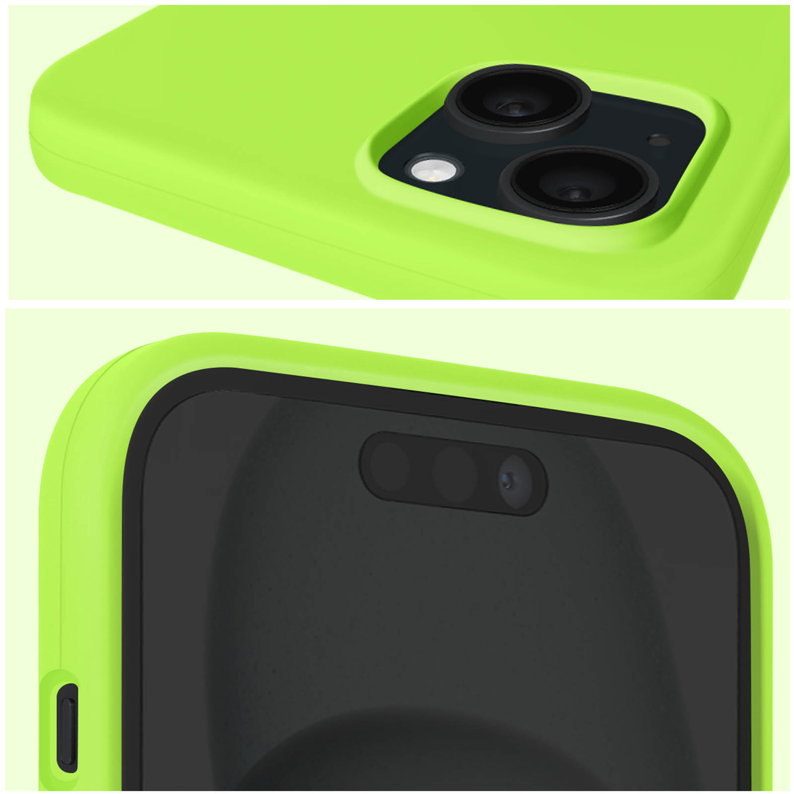 Due primi piani di una custodia verde per telefono. Lo scatto superiore si concentra sulla fotocamera. Sfondo bianco.
