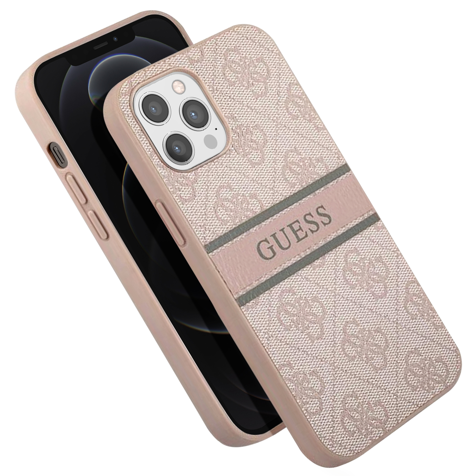 Custodia rosa con motivo logo GUESS, telefono dentro. La custodia copre il telefono.