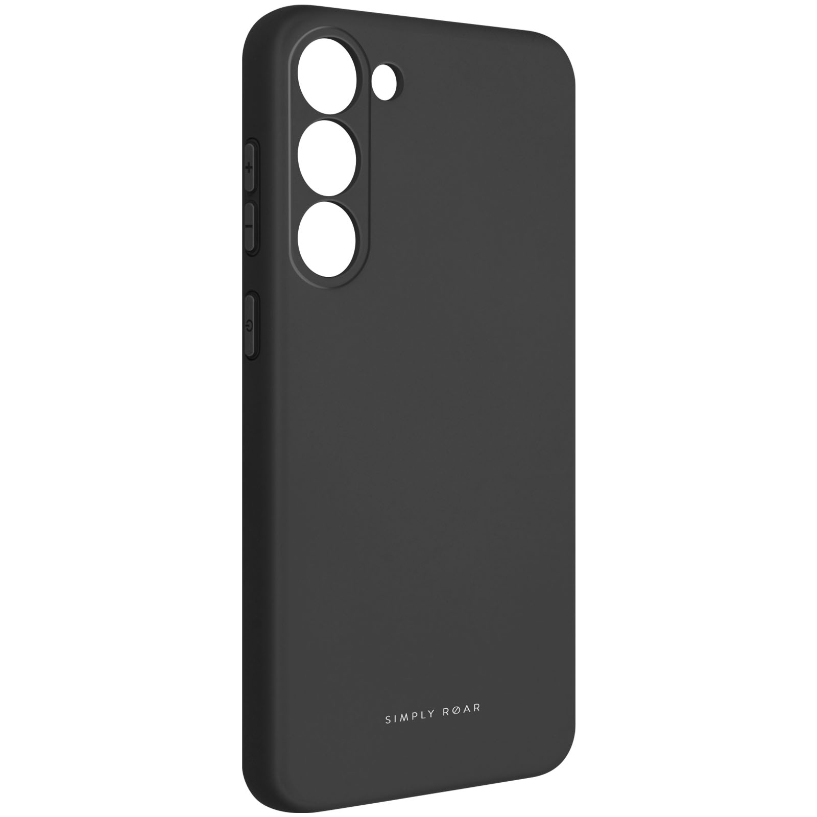 Una custodia nera per telefono con ritagli per fotocamera e la scritta 'SIMPLY ROAR' in basso.